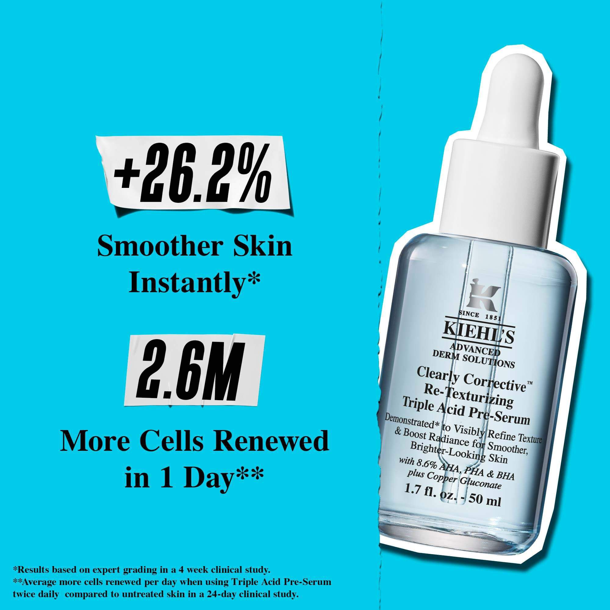 Una botella de Clearly Corrective Triple Acid Peel sobre fondo azul con el texto: "+41% Textura mas suave."