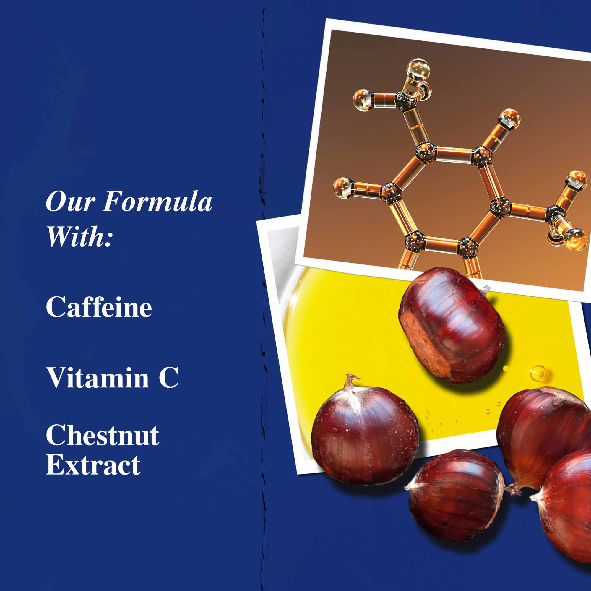 Grafico de ingredientes clave: cafeina, vitamina C y extracto de castana.