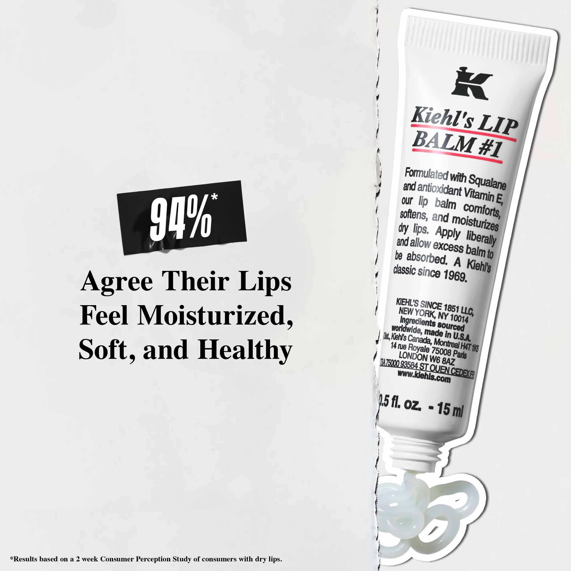 Un tubo de Lip Balm #1 sobre fondo blanco con el texto: "El 94% esta de acuerdo en que sus labios se sienten hidratados, suaves y saludables".