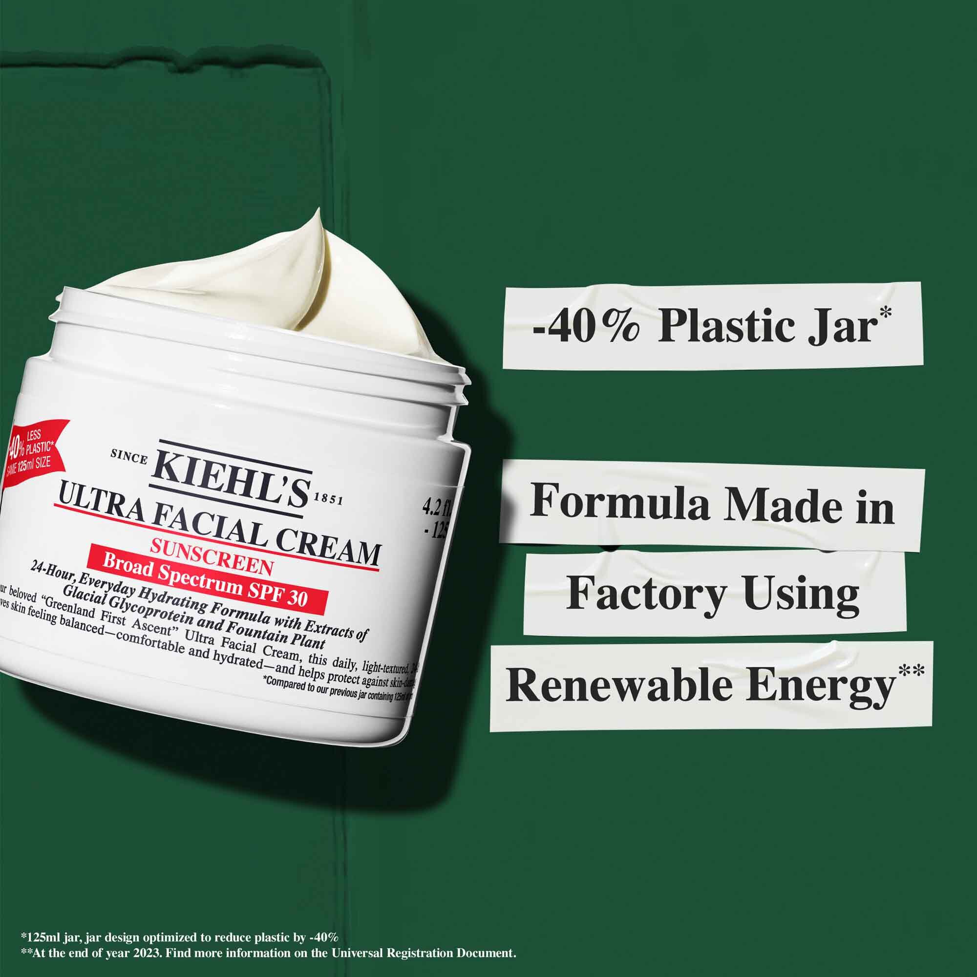 Un tarro de Ultra Facial Cream SPF 30 con texto que destaca las afirmaciones de sostenibilidad: "-40% tarro de plastico" y "Formula fabricada en una fabrica que utiliza energia renovable."