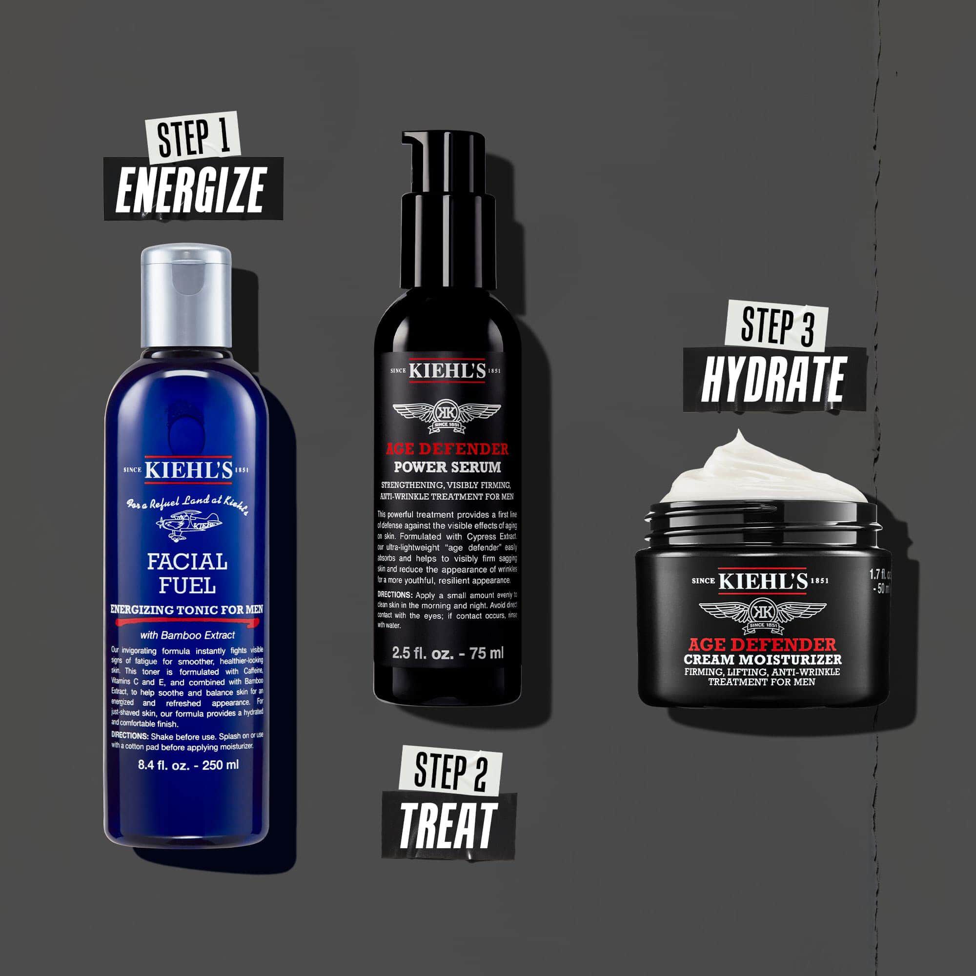 Rutina Age Defender en tres pasos: Paso 1: tratar el contorno de ojos. Paso 2: serum hidratante. Paso 3: crema restauradora.