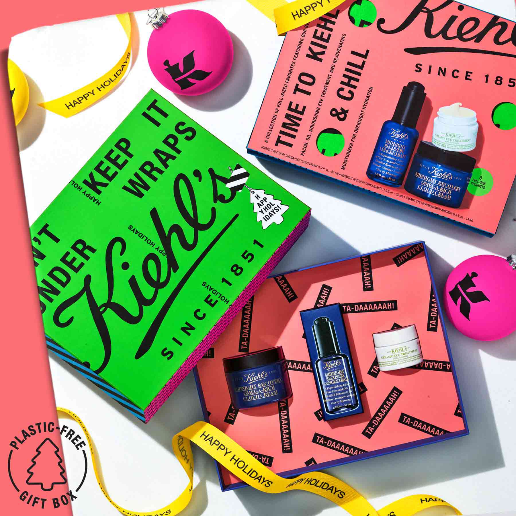 An open Time to Kiehl’s & Chill Gift Set with festive decorations 
