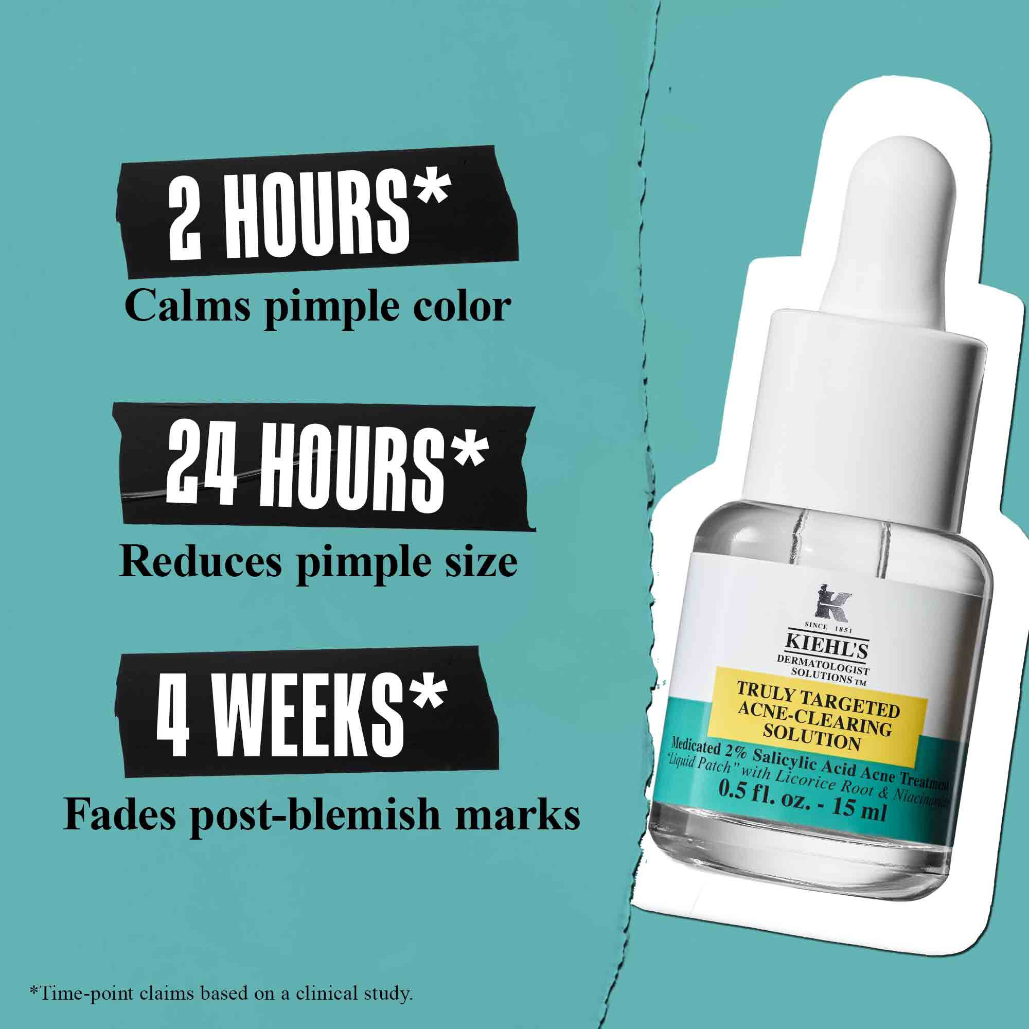 Un frasco de Truly-Targeted Blemish-Clearing Solution sobre fondo verde con el texto: "2 Horas* Calma el color del grano", "24 Horas* Reduce el tamano del grano" y "4 Semanas* Desvanece las marcas post-imperfecciones".