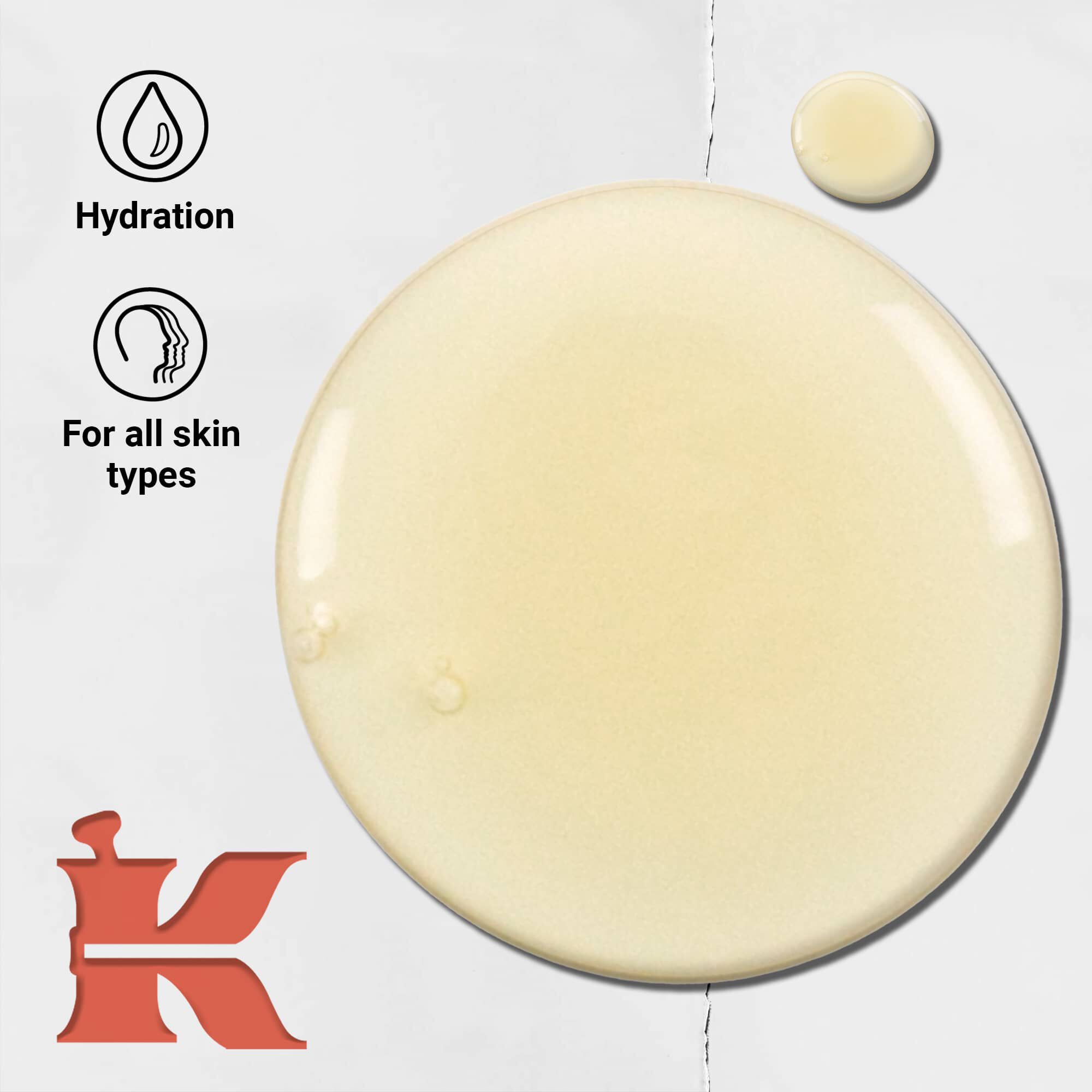 Foto de la textura del limpiador corporal liquido de pomelo con iconos que indican hidratacion y que es para todo tipo de pieles