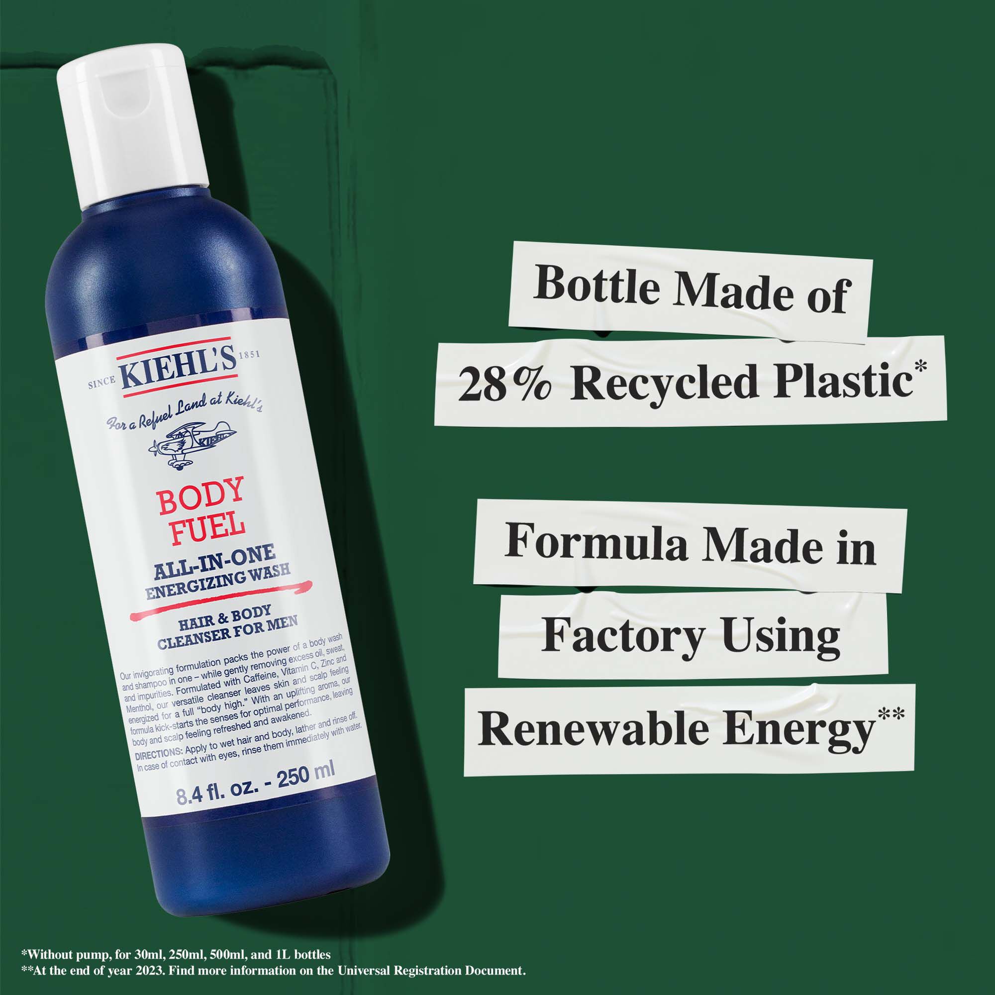 Frasco de Body Fuel fabricado con un 28 % de plastico reciclado; formula fabricada en una fabrica que utiliza energia renovable.