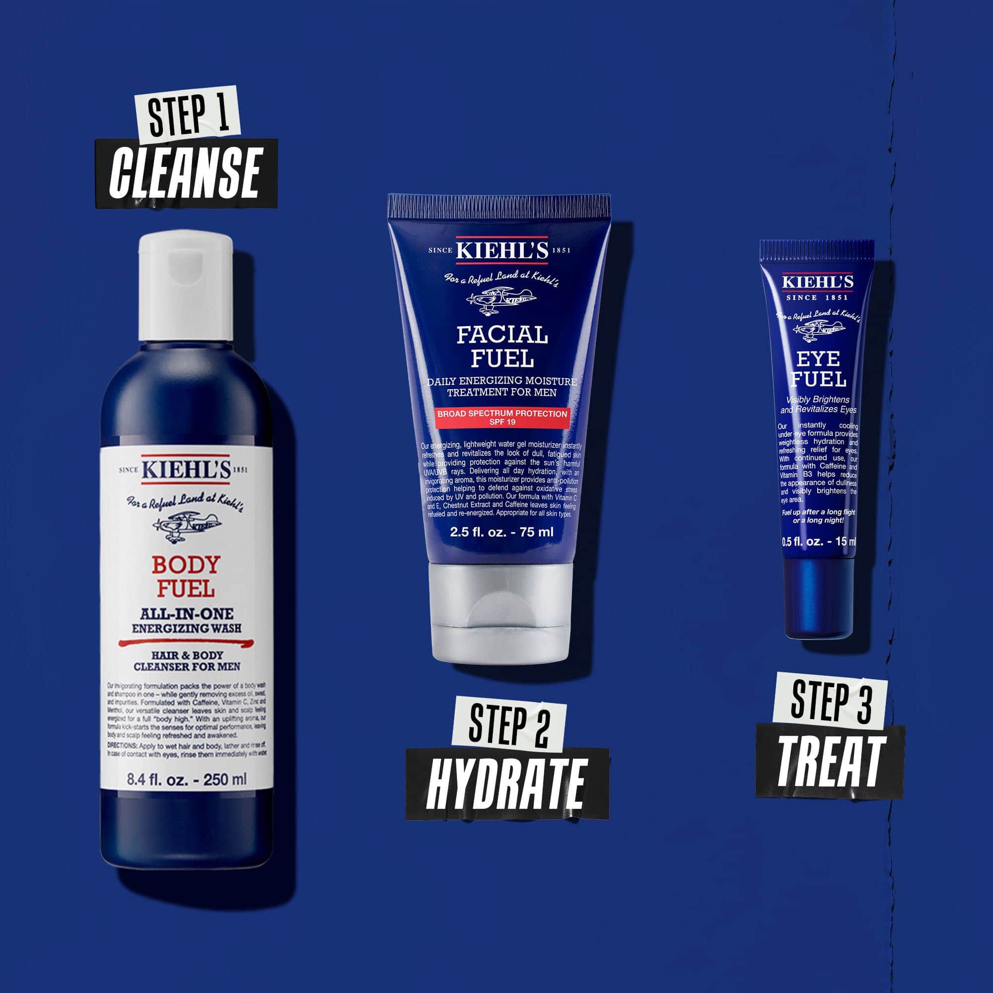 Rutina Body Fuel en tres pasos: Paso 1: limpiar. Paso 2: hidratar con Facial Fuel Treatment. Paso 3: contorno de ojos Facial Fuel Eye Fuel.