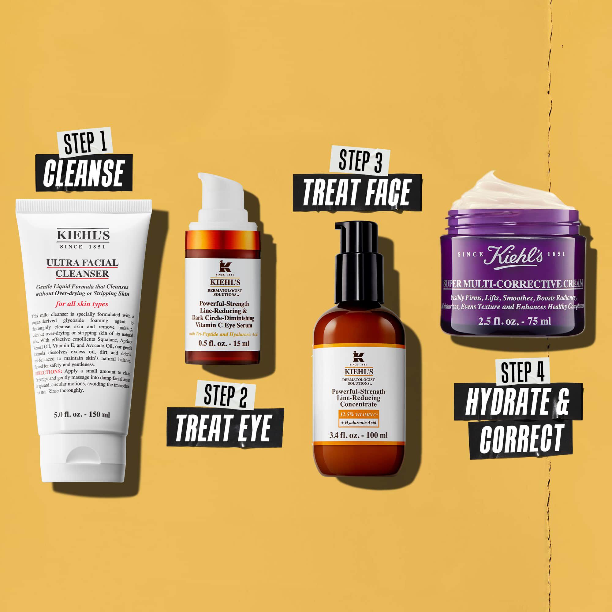 Cuatro productos de Kiehl's que representan una rutina de cuidado de la piel. De izquierda a derecha: limpiador, contorno de ojos, Powerful-Strength Line-Reducing Concentrate y crema hidratante.