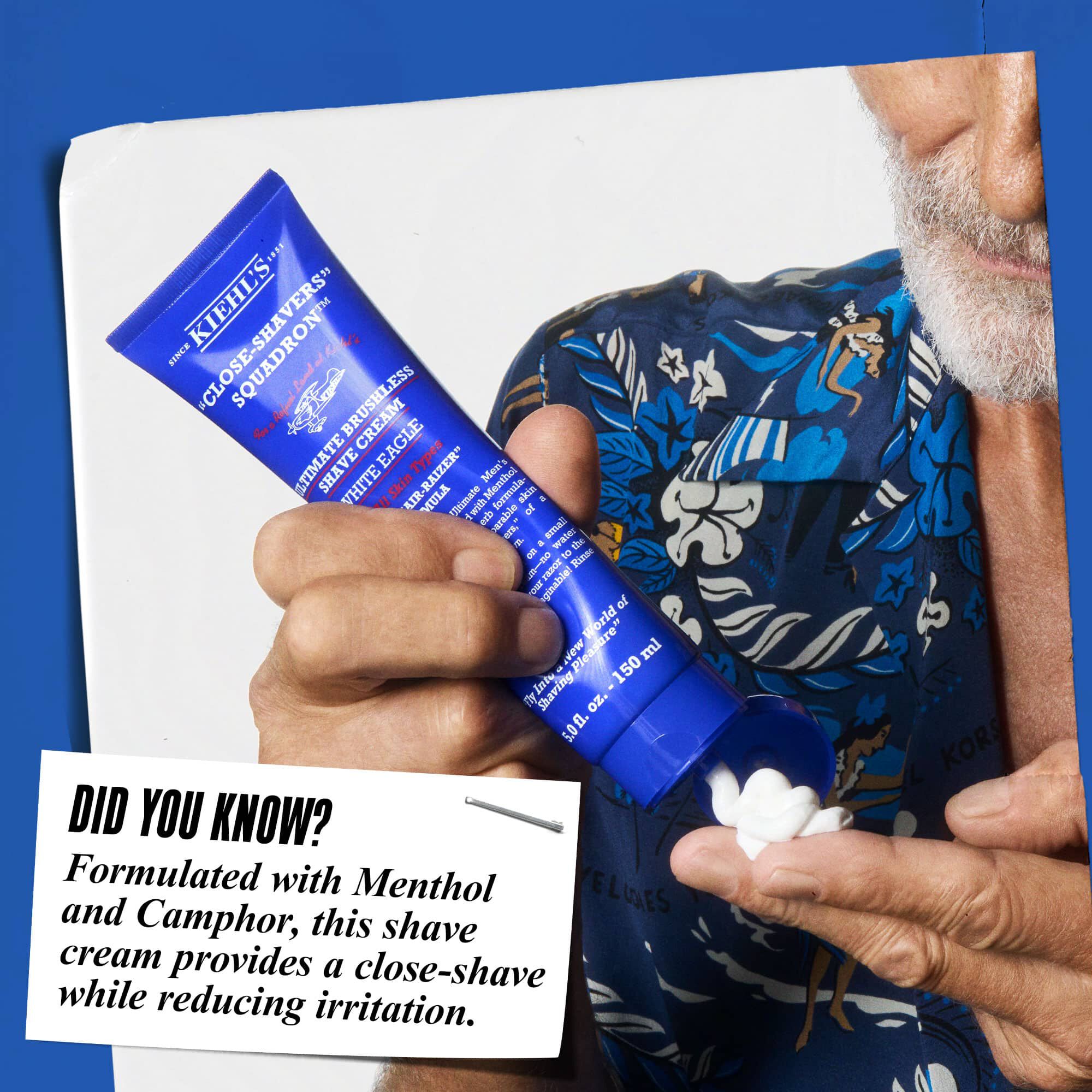 Una mano aplicando Ultimate Brushless Shave Cream White Eagle. El texto dice: "¿Sabias que...? Formulada con mentol y alcanfor, esta crema de afeitar proporciona un afeitado apurado mientras reduce la irritacion."