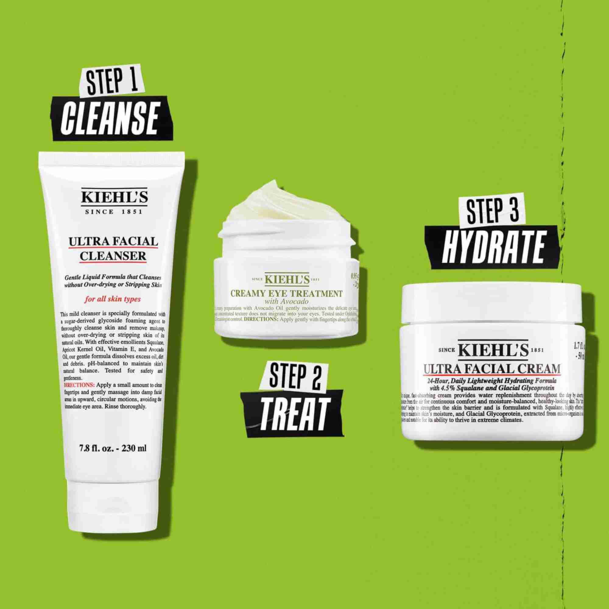 Rutina de Kiehl's Creamy Eye Treatment with Avocado: paso 1 limpiar, paso 2 tratar, paso 3 hidratar