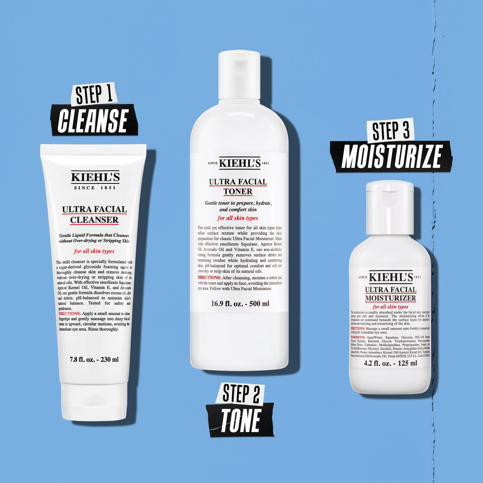 Ilustracion de la rutina de Kiehl's Ultra Facial Moisturizer: Limpiar, Tonificar, Hidratar