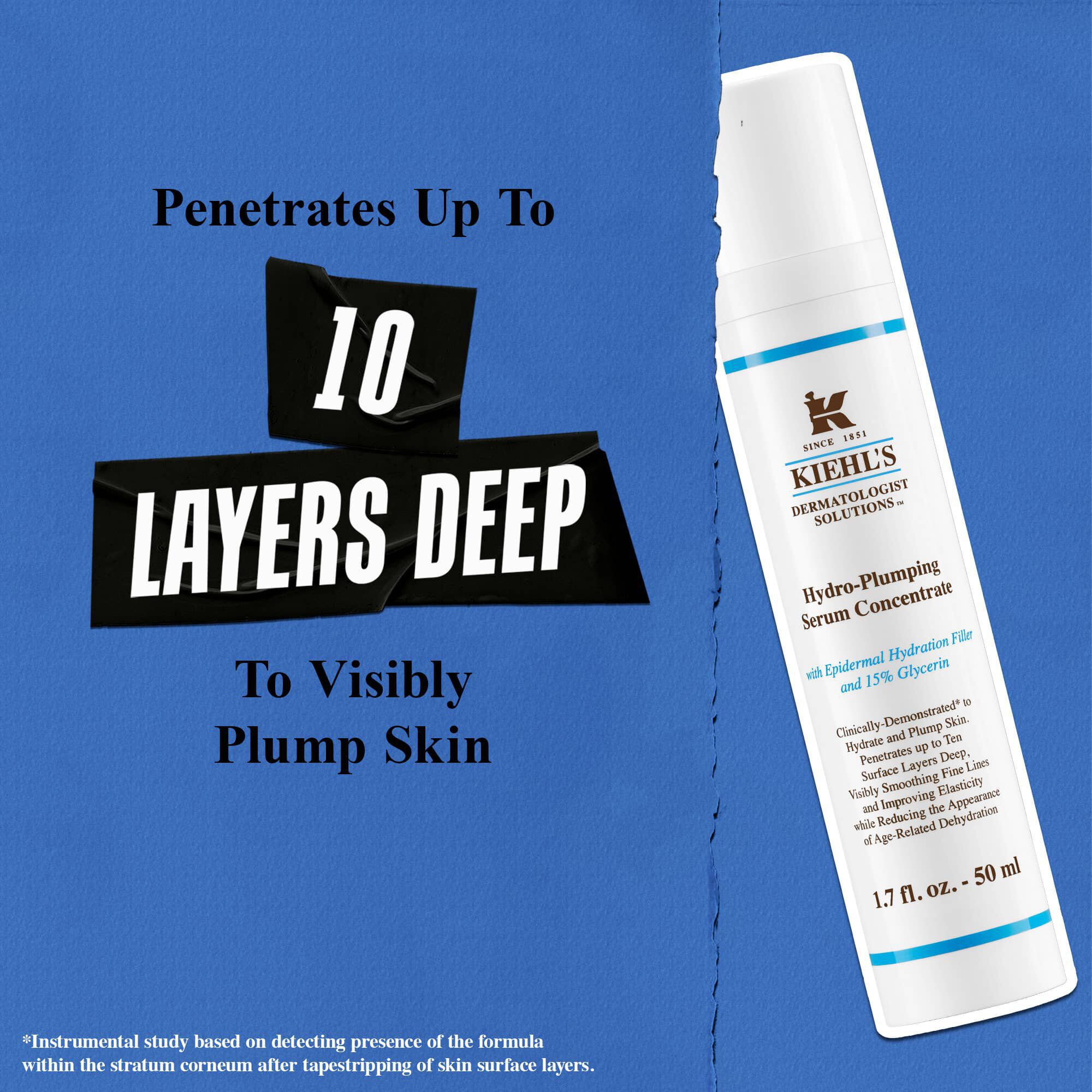 Kiehl's Hydro Plumping Serum Concentrate penetra hasta 10 capas de profundidad para rellenar la piel visiblemente