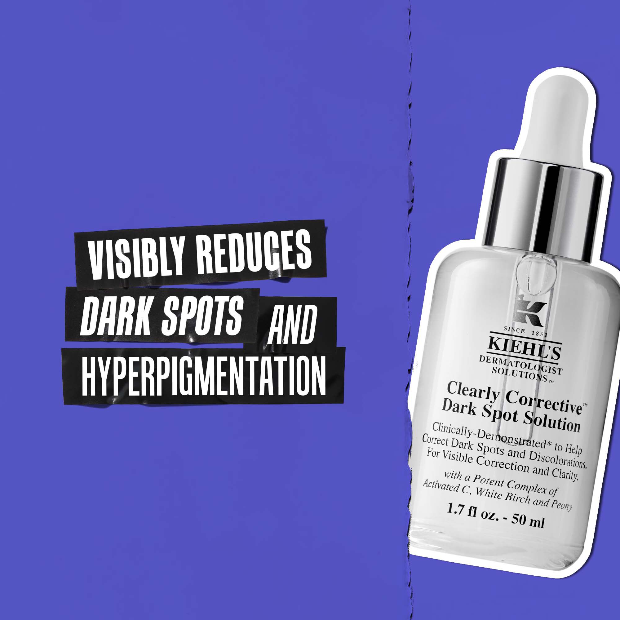 Botella de Clearly Corrective Dark Spot Solution con texto: Reduce visiblemente las manchas oscuras y la hiperpigmentacion.