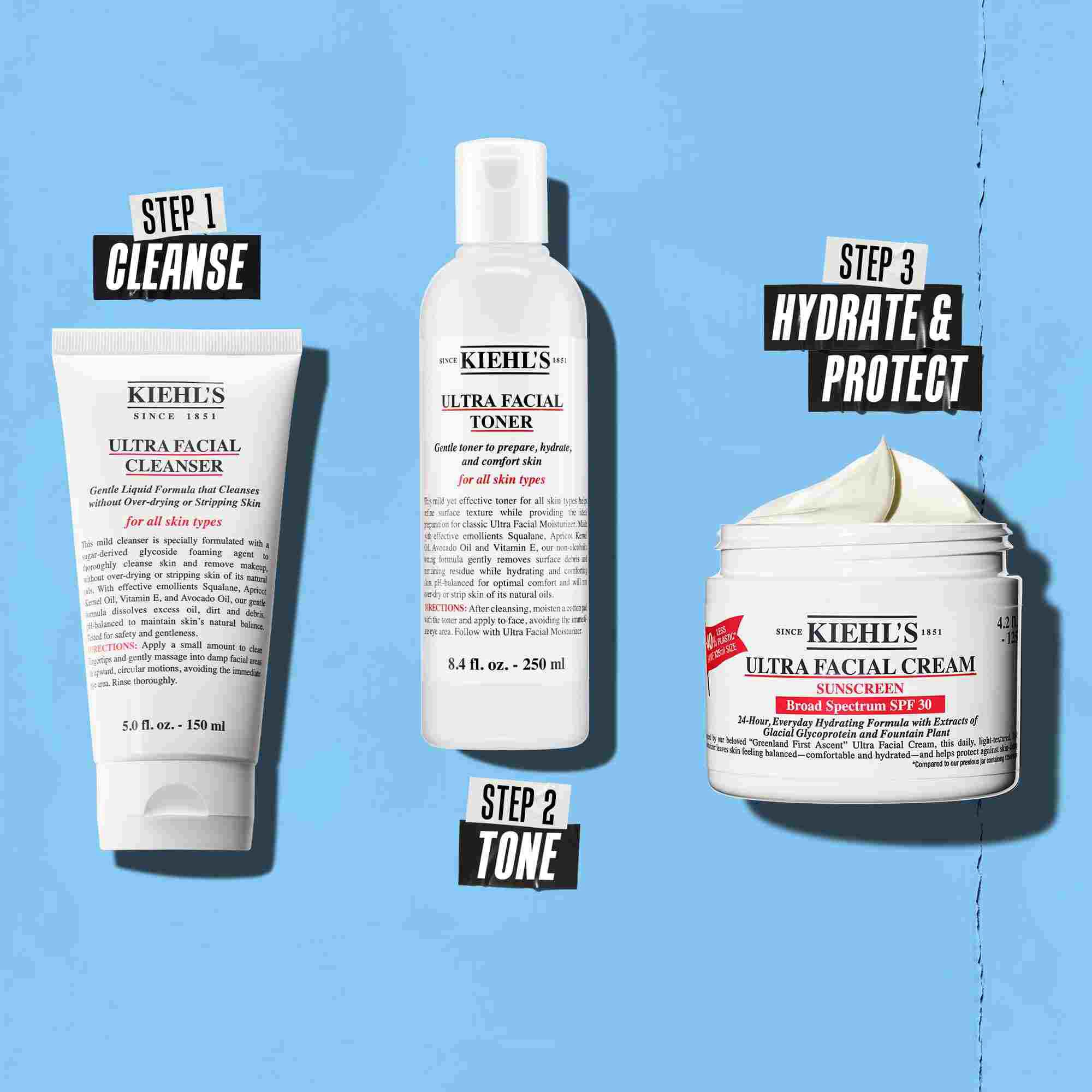 Una rutina de tres pasos con productos de Kiehl's. Paso 1: Ultra Facial Cleanser. Paso 2: Ultra Facial Toner. Paso 3: Ultra Facial Cream SPF 30.