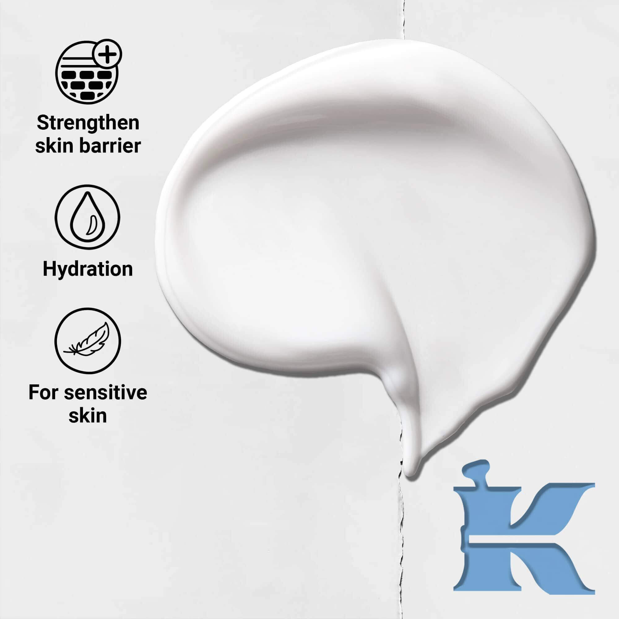 Foto de la textura e iconos de Ultra Facial Moisturizer: refuerza la barrera cutanea, hidratacion, piel sensible