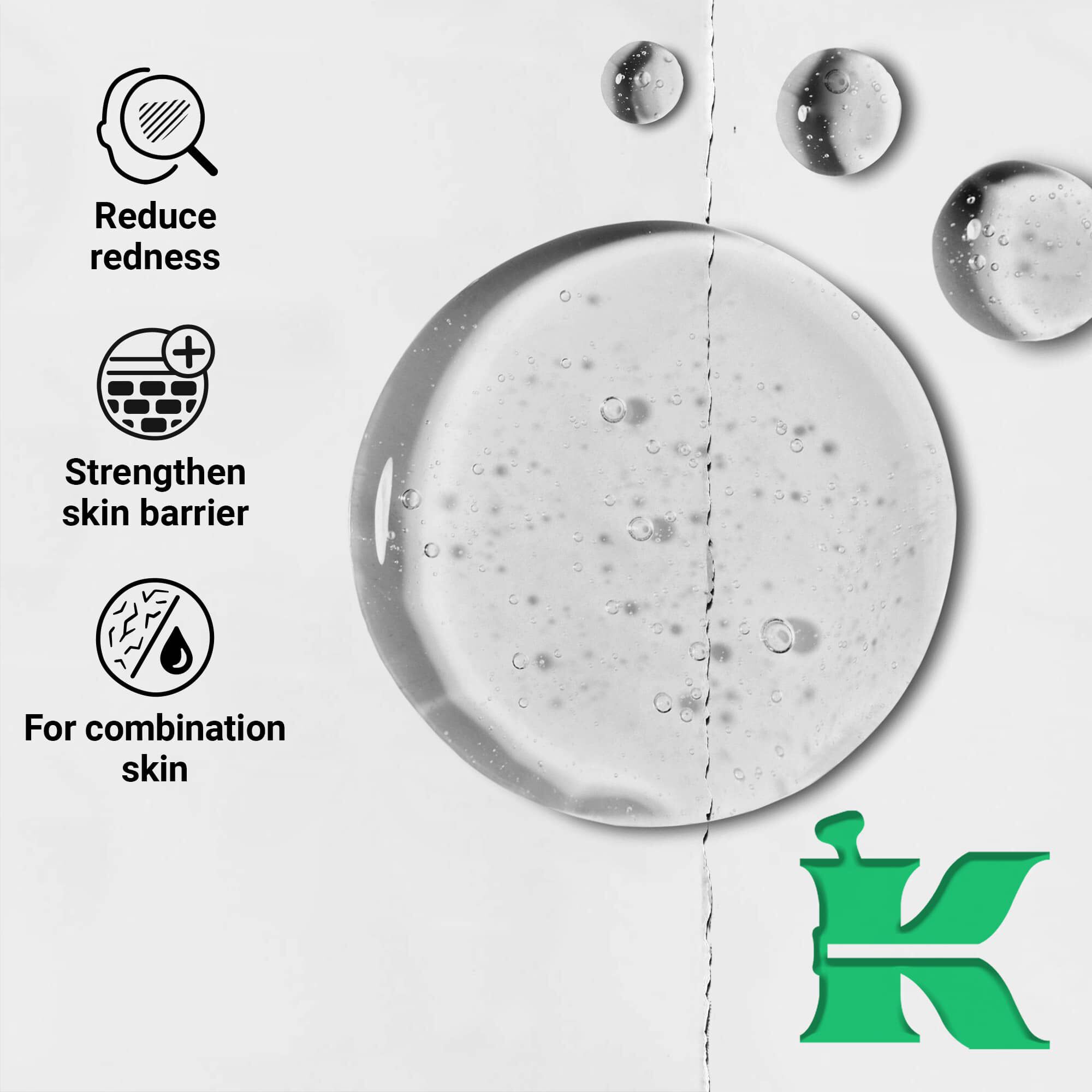 Foto de la textura con iconos: reduce las rojeces, refuerza la barrera cutanea, para pieles mixtas