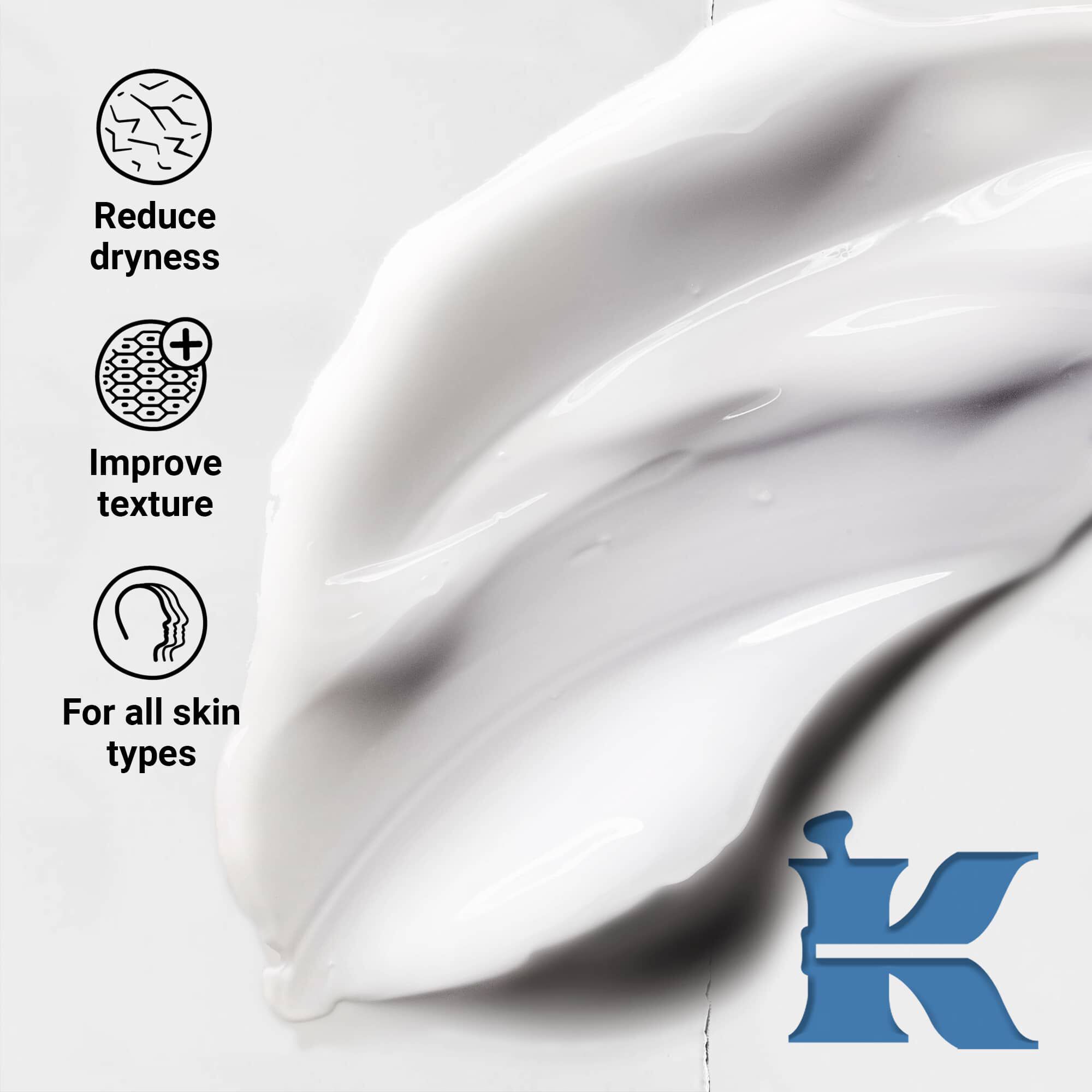 Foto de la textura del producto que indica че reduce la sequedad, mejora la textura y es para todo tipo de pieles