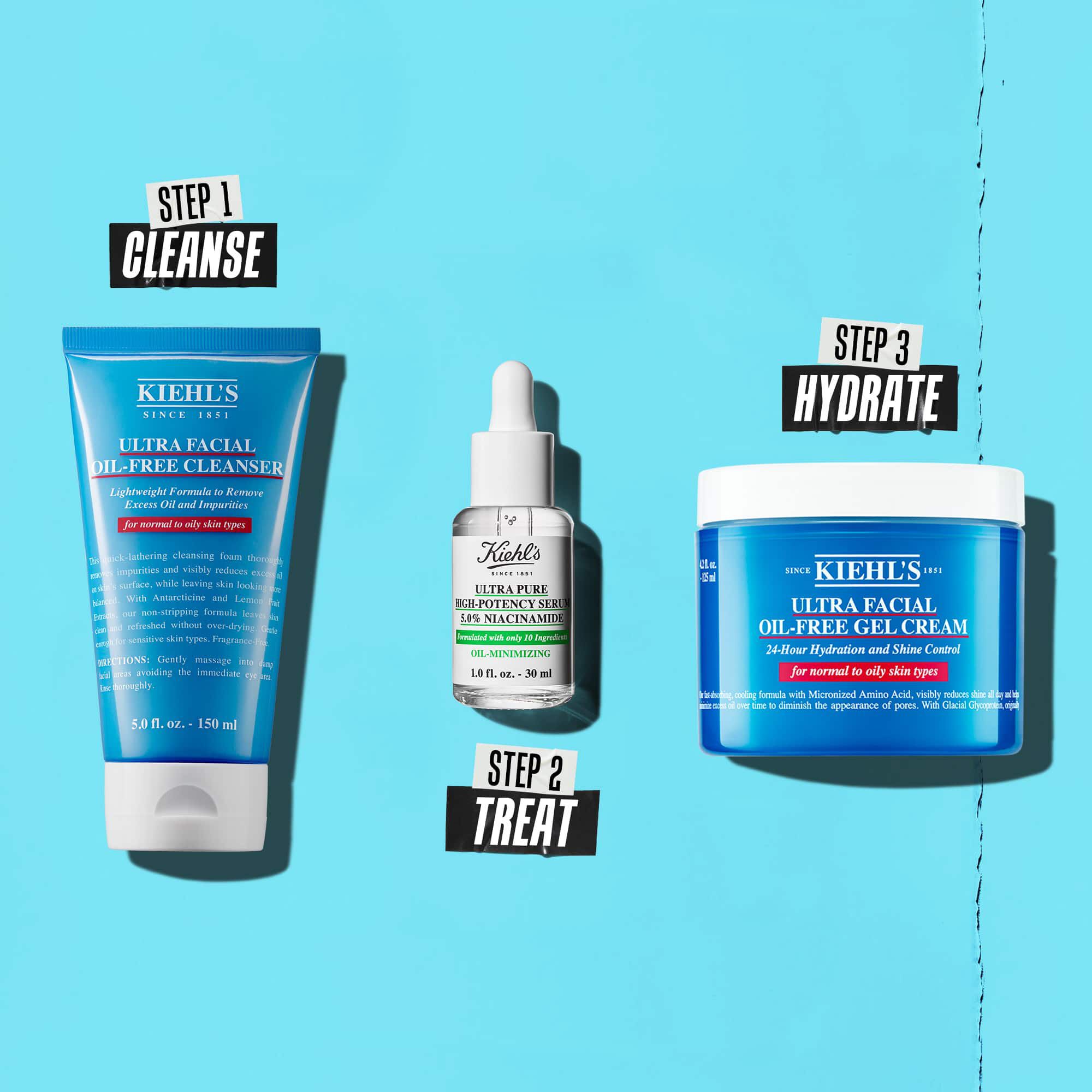 Una rutina de tres pasos con productos de Kiehl's. Paso 1: Ultra Facial Oil-Free Cleanser. Paso 2: Serum de Niacinamida. Paso 3: Ultra Facial Oil-Free Gel Cream.