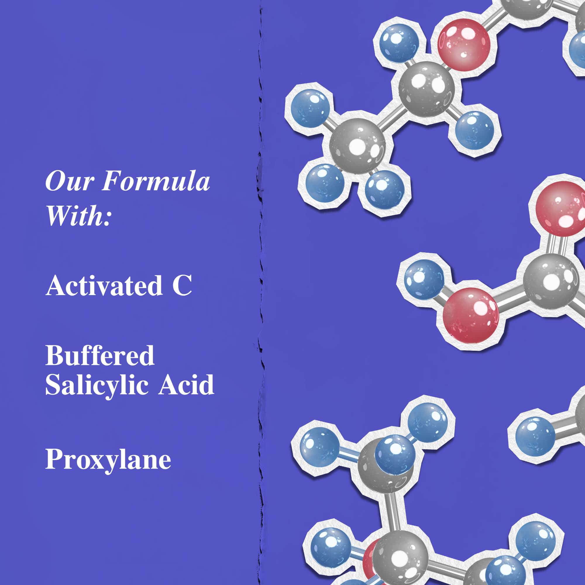 Grafico que muestra los ingredientes clave: C activado, acido salicilico tamponado y proxylane.