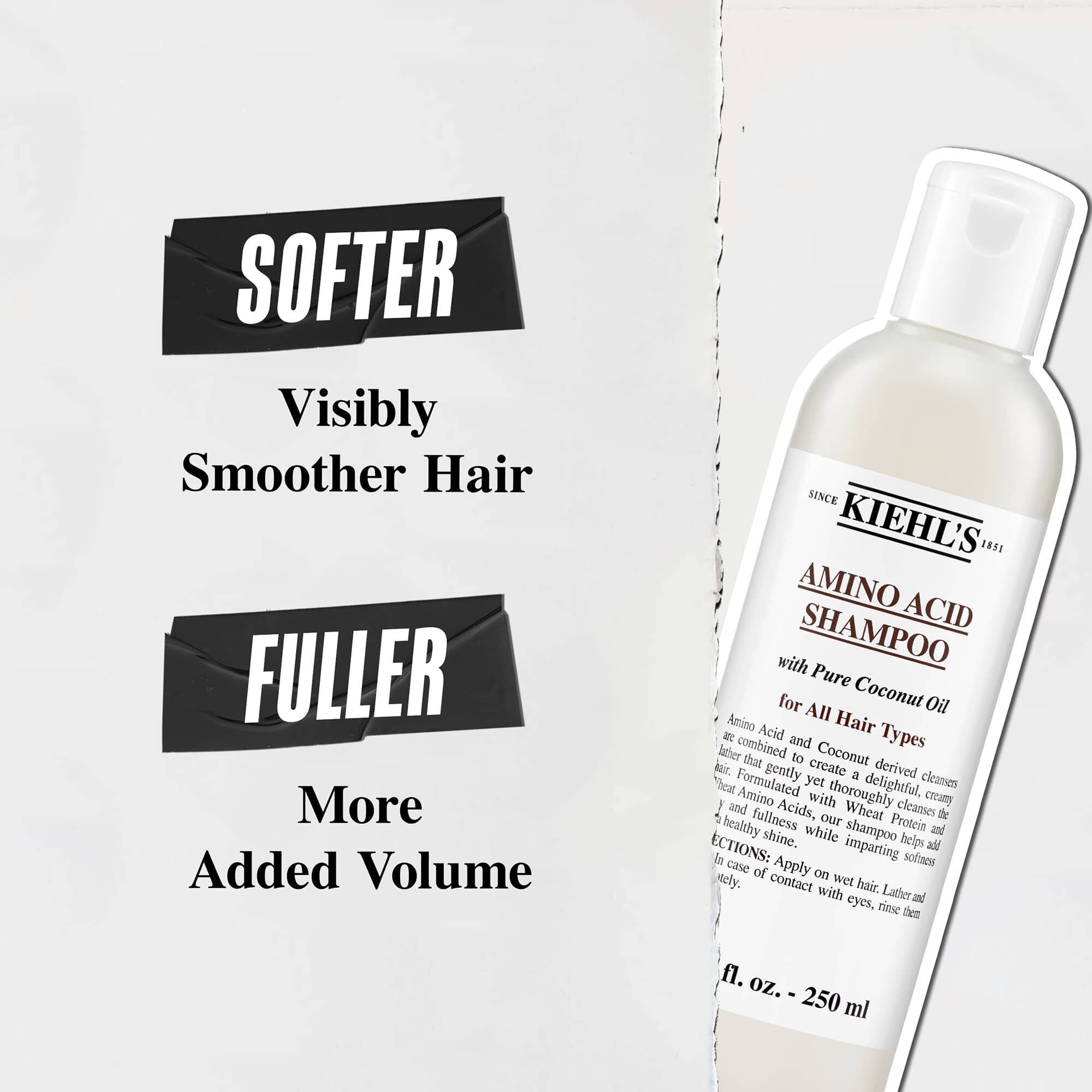 Frasco de champu Amino Acid Shampoo de Kiehl's con beneficios: "Cabello mas suave y visiblemente mas liso" y "Cabello con mas cuerpo y volumen"