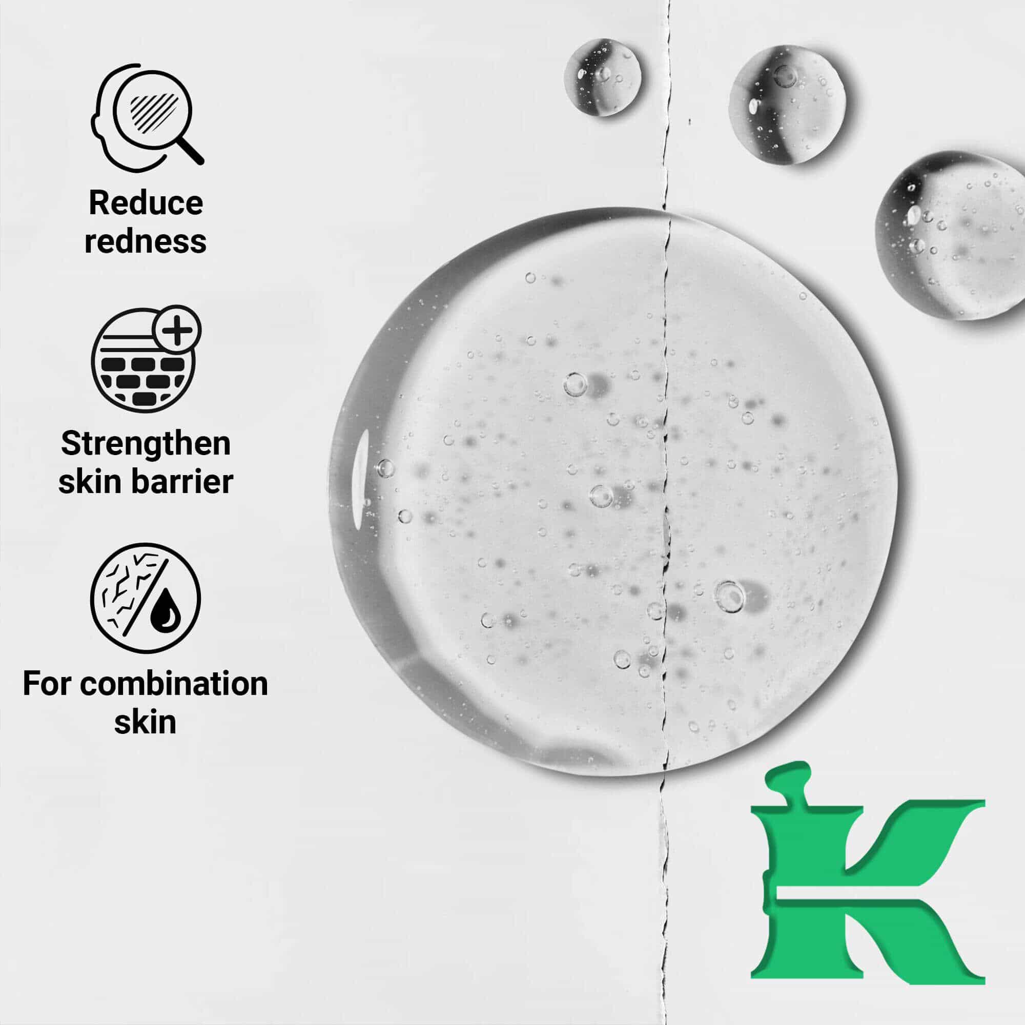 Foto de la textura con iconos: reduce las rojeces, refuerza la barrera cutanea, para pieles mixtas