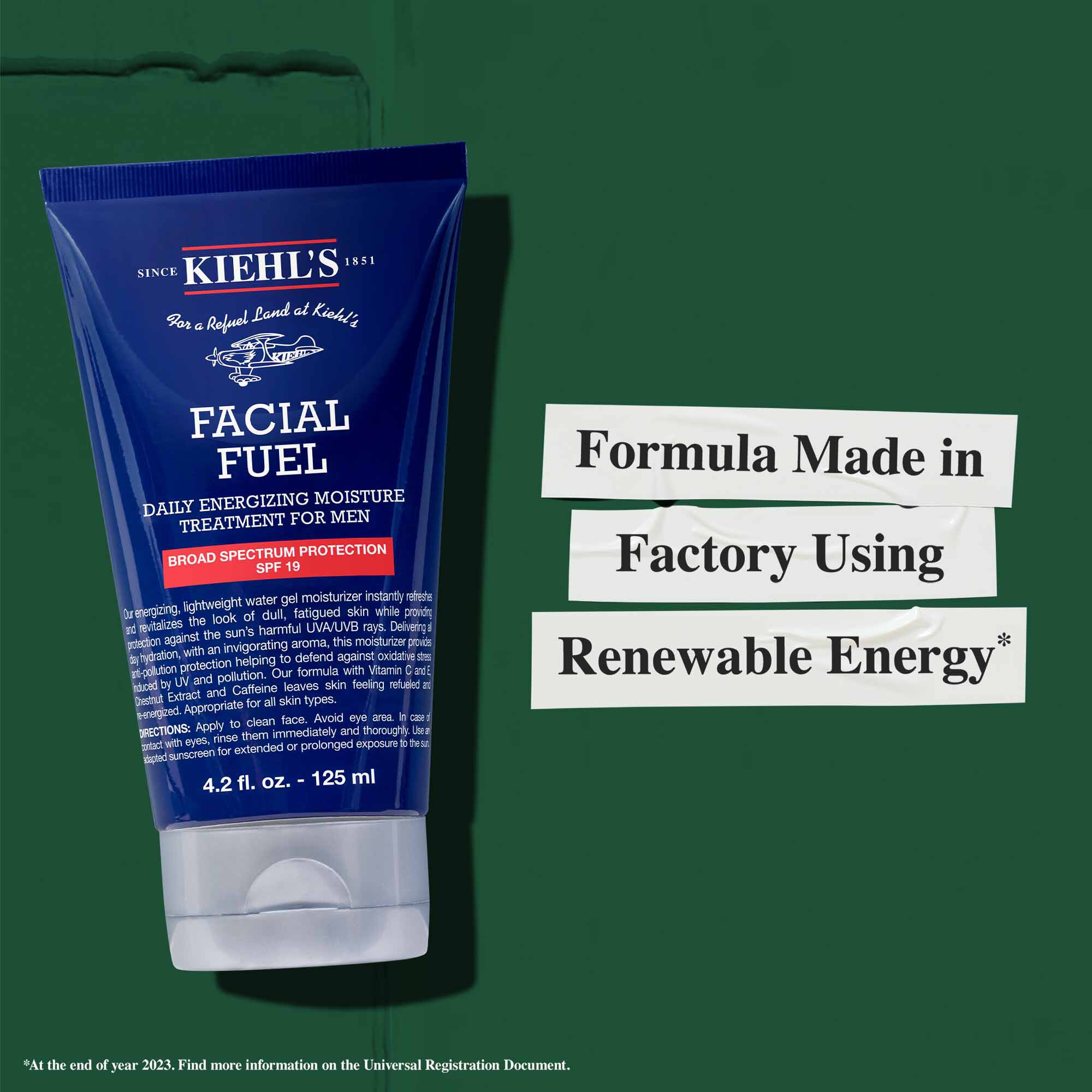 Un tubo de Facial Fuel Moisturizer SPF 19; formula fabricada en una fabrica que utiliza energia renovable.