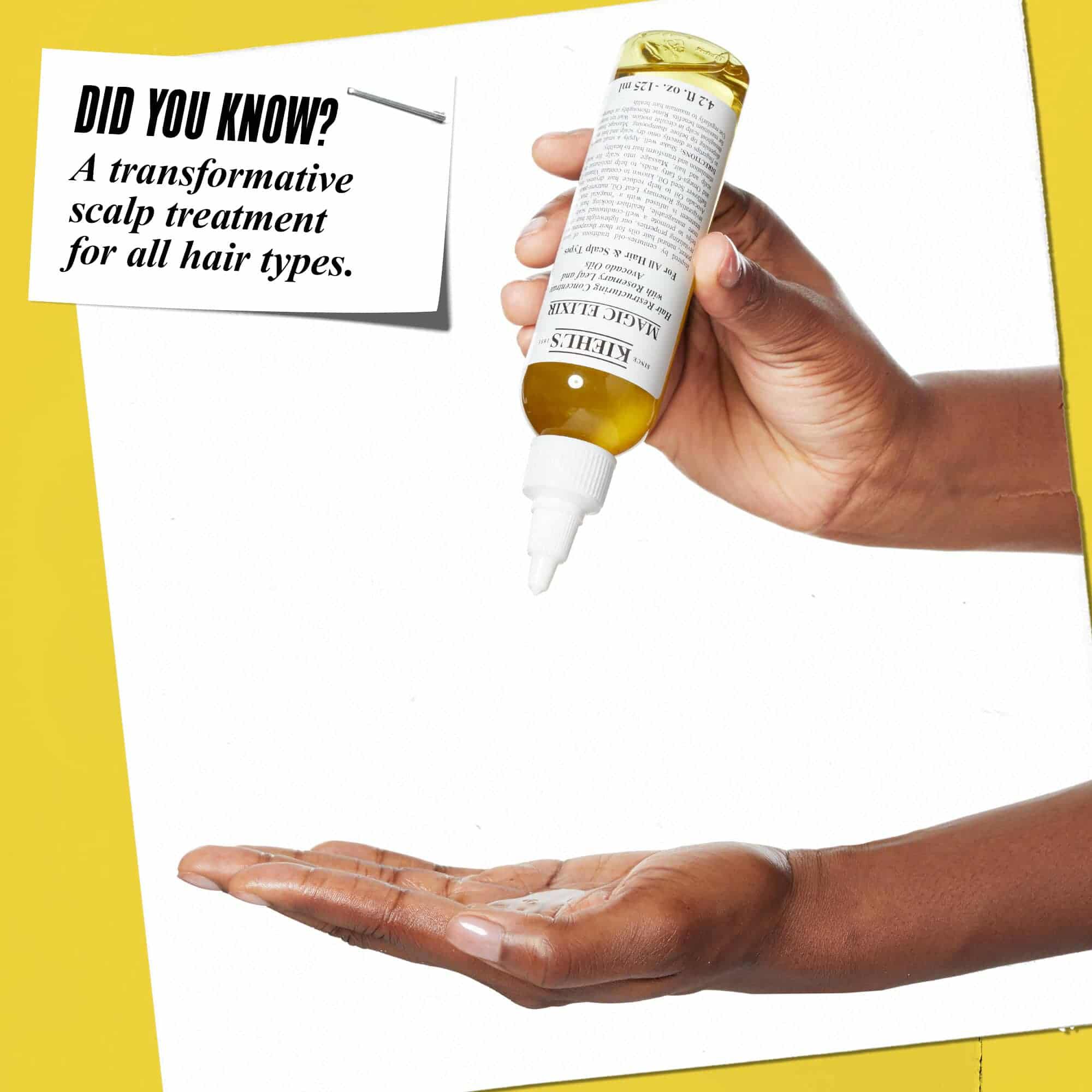 Una mano aplicando Magic Elixir Hair Oil sobre otra mano. El texto dice: "¿Sabias que...? Un tratamiento transformador del cuero cabelludo para todo tipo de cabellos."