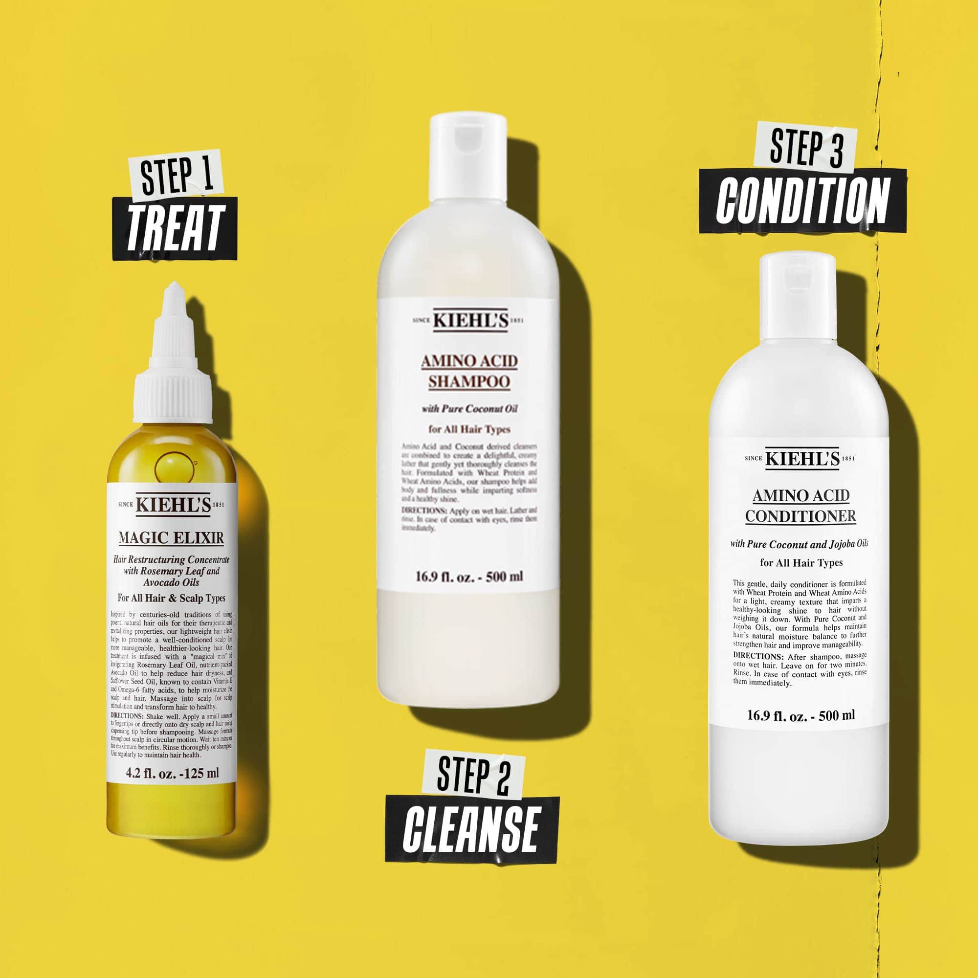 Una rutina capilar de tres pasos con productos de Kiehl's. Paso 1: Magic Elixir Hair Oil. Paso 2: Amino Acid Shampoo. Paso 3: Amino Acid Conditioner. El texto etiqueta cada paso como "Tratar", "Limpiar" y "Acondicionar", respectivamente.