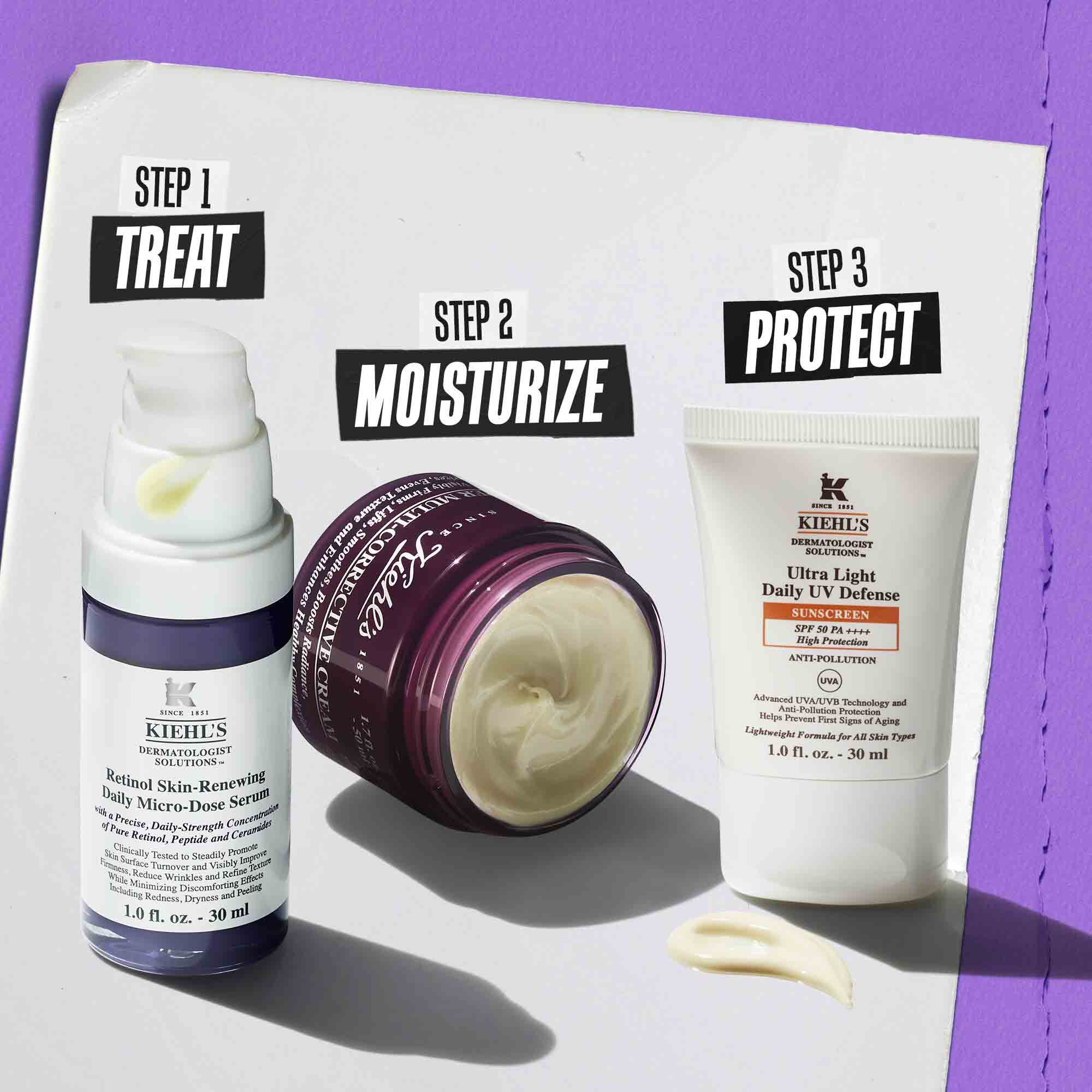 Ilustracion de la rutina de Retinol Skin Renewing Daily Microdose: limpiar, tratar, tratar el contorno de ojos, proteger