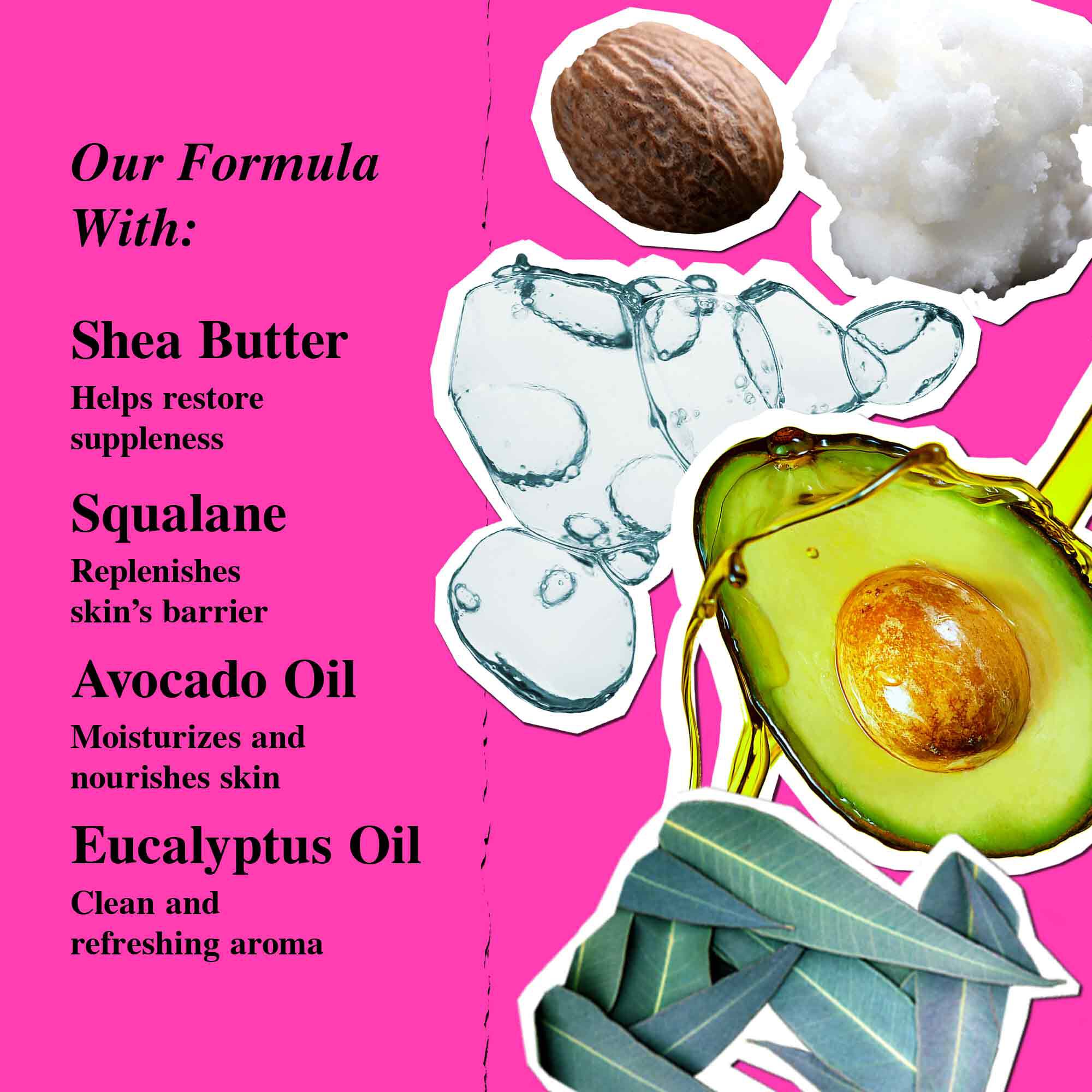 Head-to-Toe Hydrators Key Ingredients - Shea Butter, Squalane, Glycerin, Avocado & Eucalyptus Oil