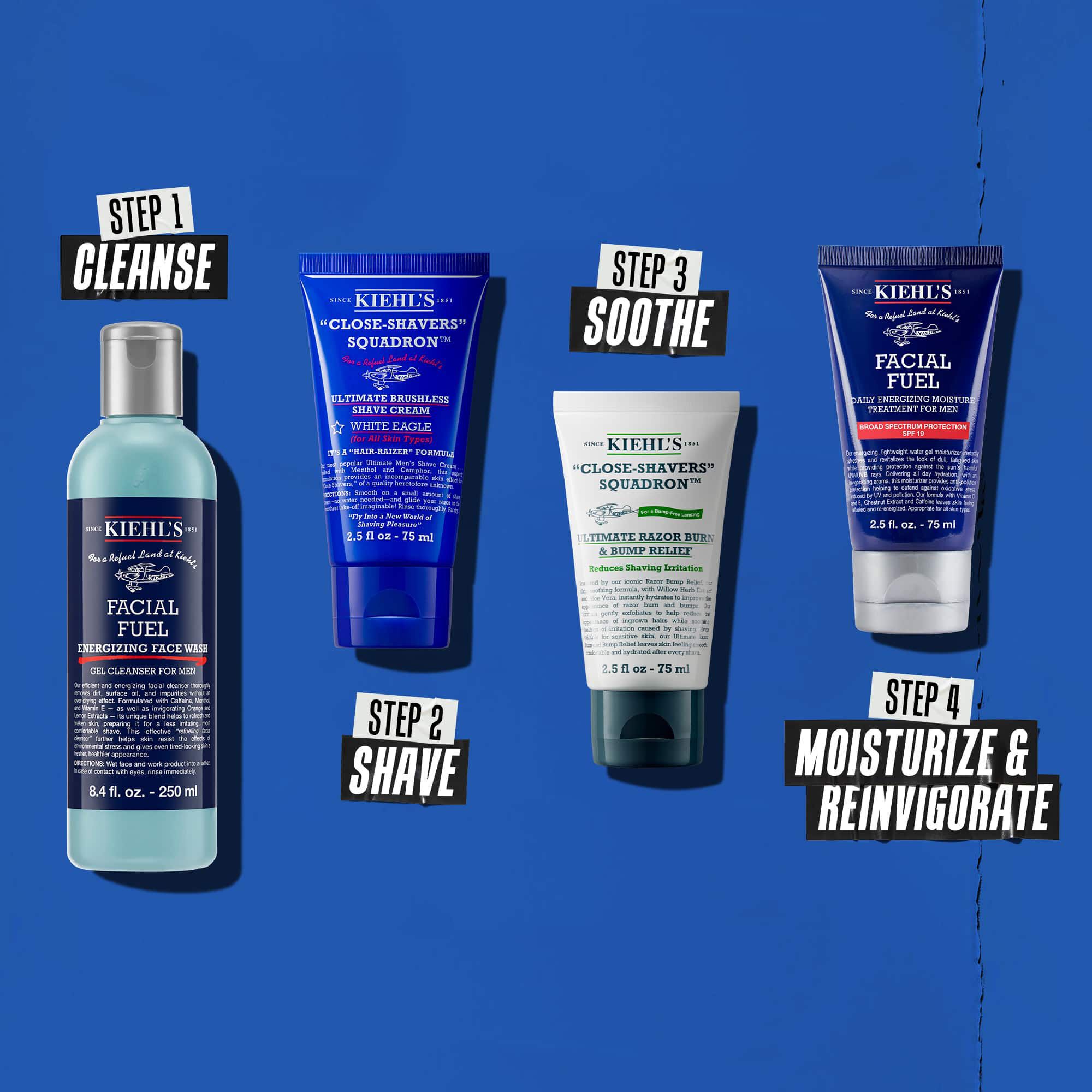 Una rutina de cuatro pasos con productos de Kiehl's. Paso 1: Facial Fuel Cleanser. Paso 2: Ultimate Brushless Shave Cream. Paso 3: Ultimate Razor Bump and Relief. Paso 4: Facial Fuel Moisturizer.