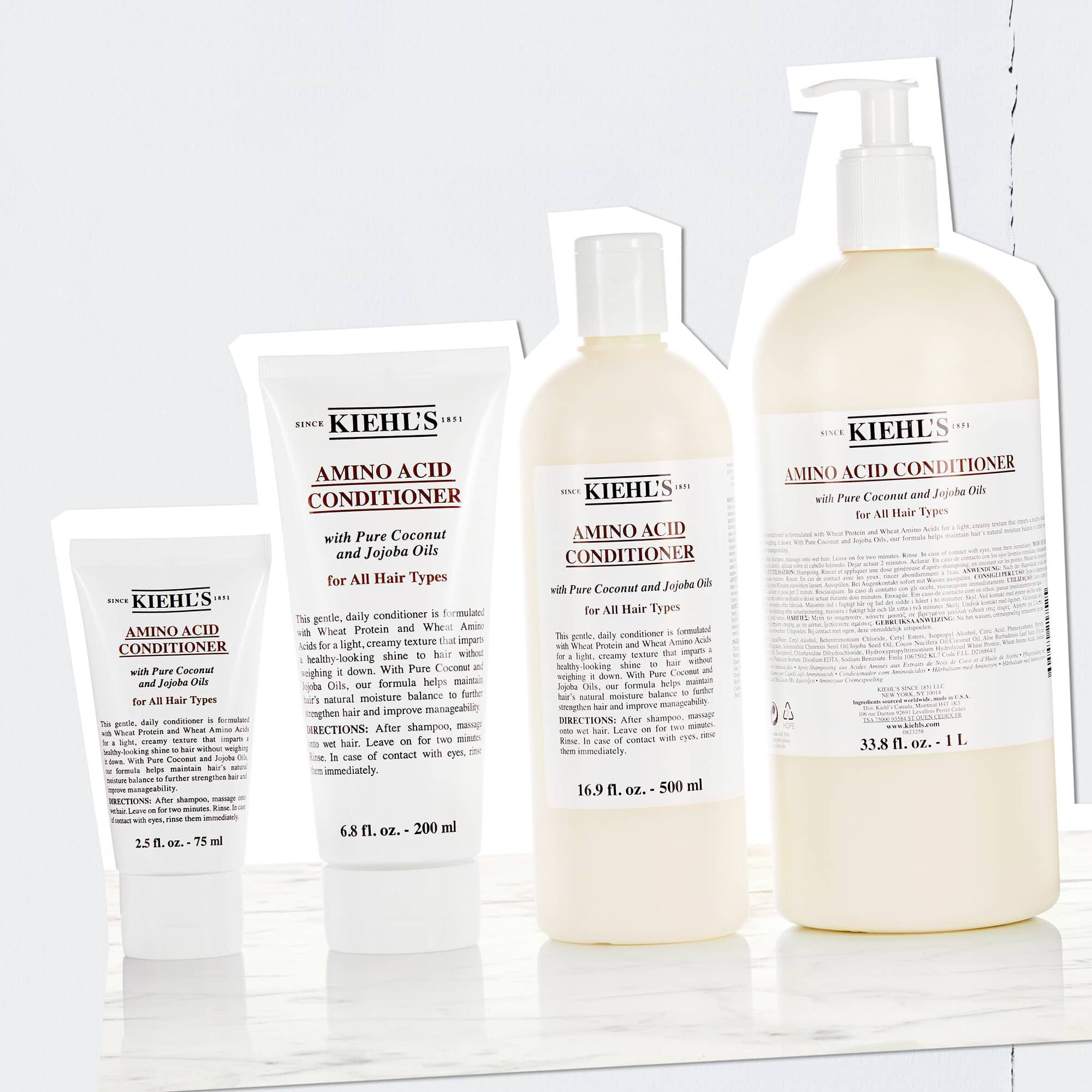Botes de acondicionador de aminoacidos de Kiehl's en tamanos desde 2,5 fl. oz. – 75 ml hasta 33,8 fl. oz. – 1 L