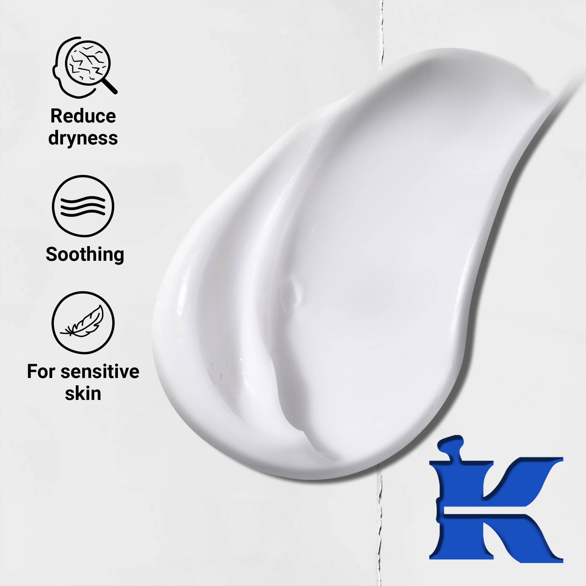 Foto de la textura con iconos: reduce la sequedad, es calmante y esta formulado para pieles sensibles