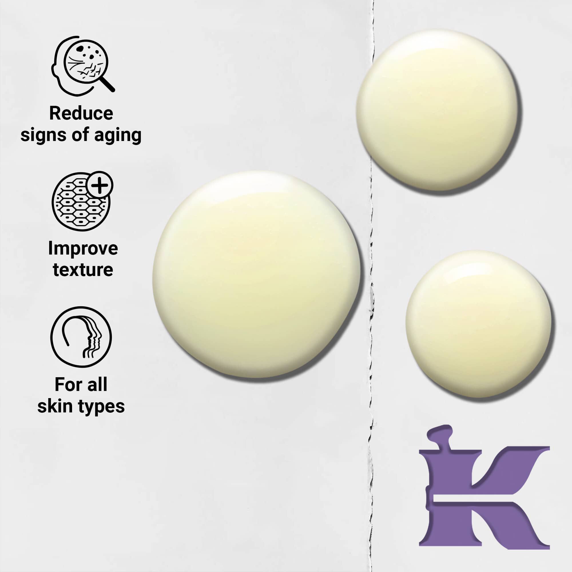 Foto de la textura con iconos: reduce los signos de la edad, mejora la textura, formulado para todo tipo de pieles