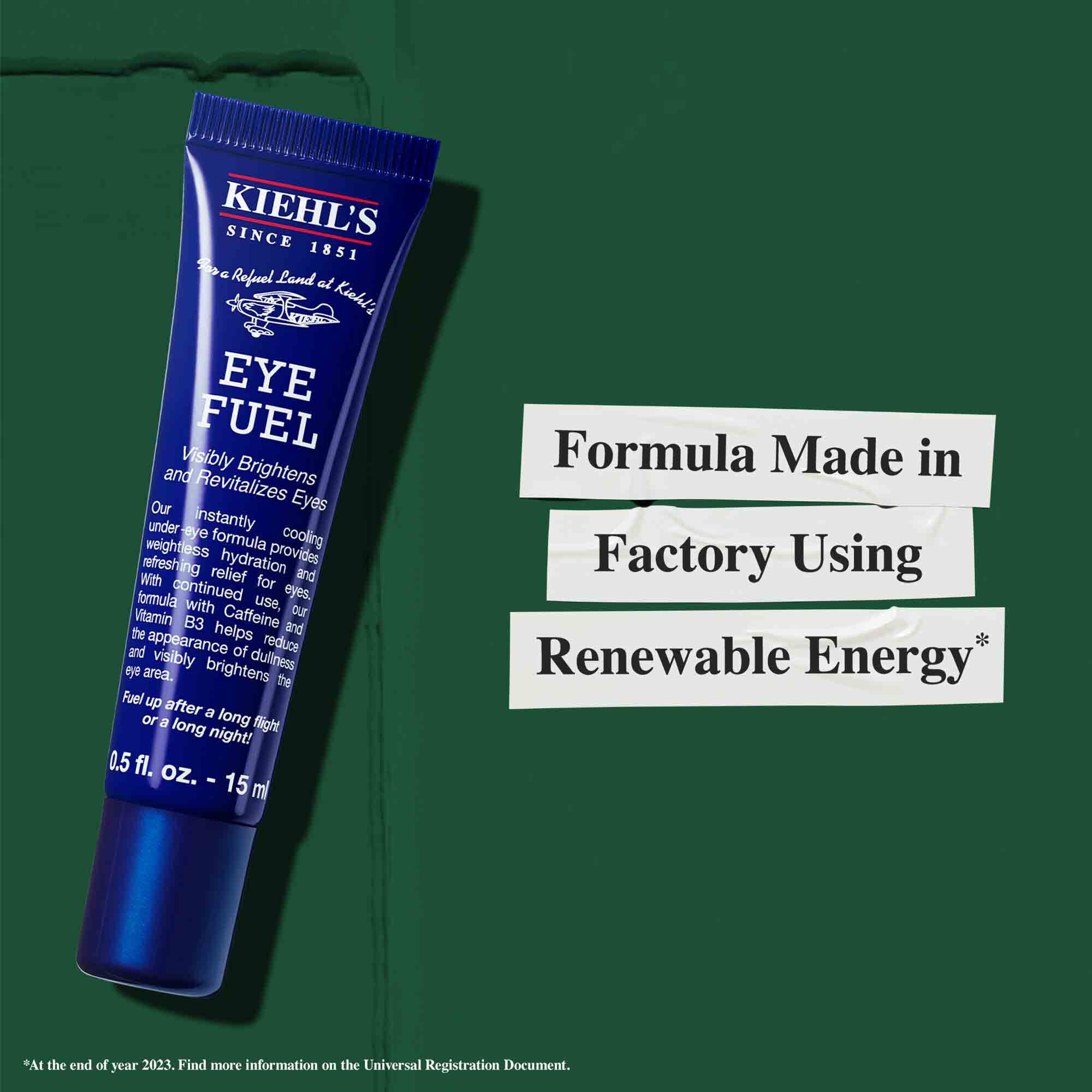 Tubo de Facial Fuel Eye Fuel con texto que destaca la sostenibilidad: "Formula fabricada en una fabrica que utiliza energia renovable."