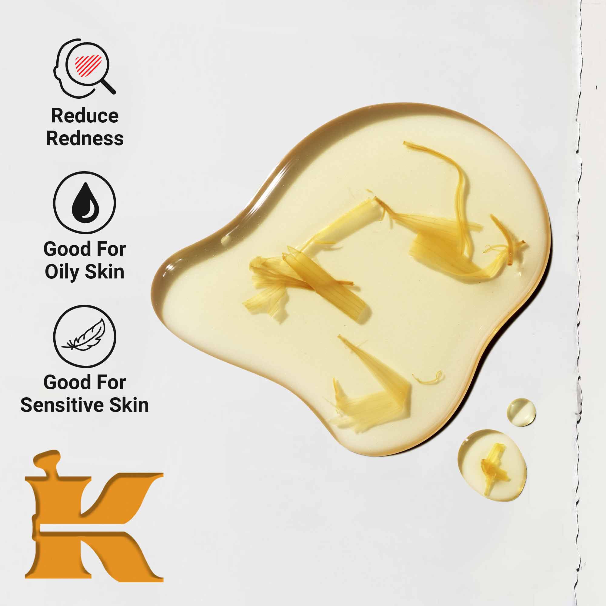 Primer plano de la textura del Calendula Herbal-Extract Toner que muestra una pasada de liquido con petalos de calendula. El texto destaca los beneficios para reducir el enrojecimiento y su idoneidad para pieles grasas y sensibles.