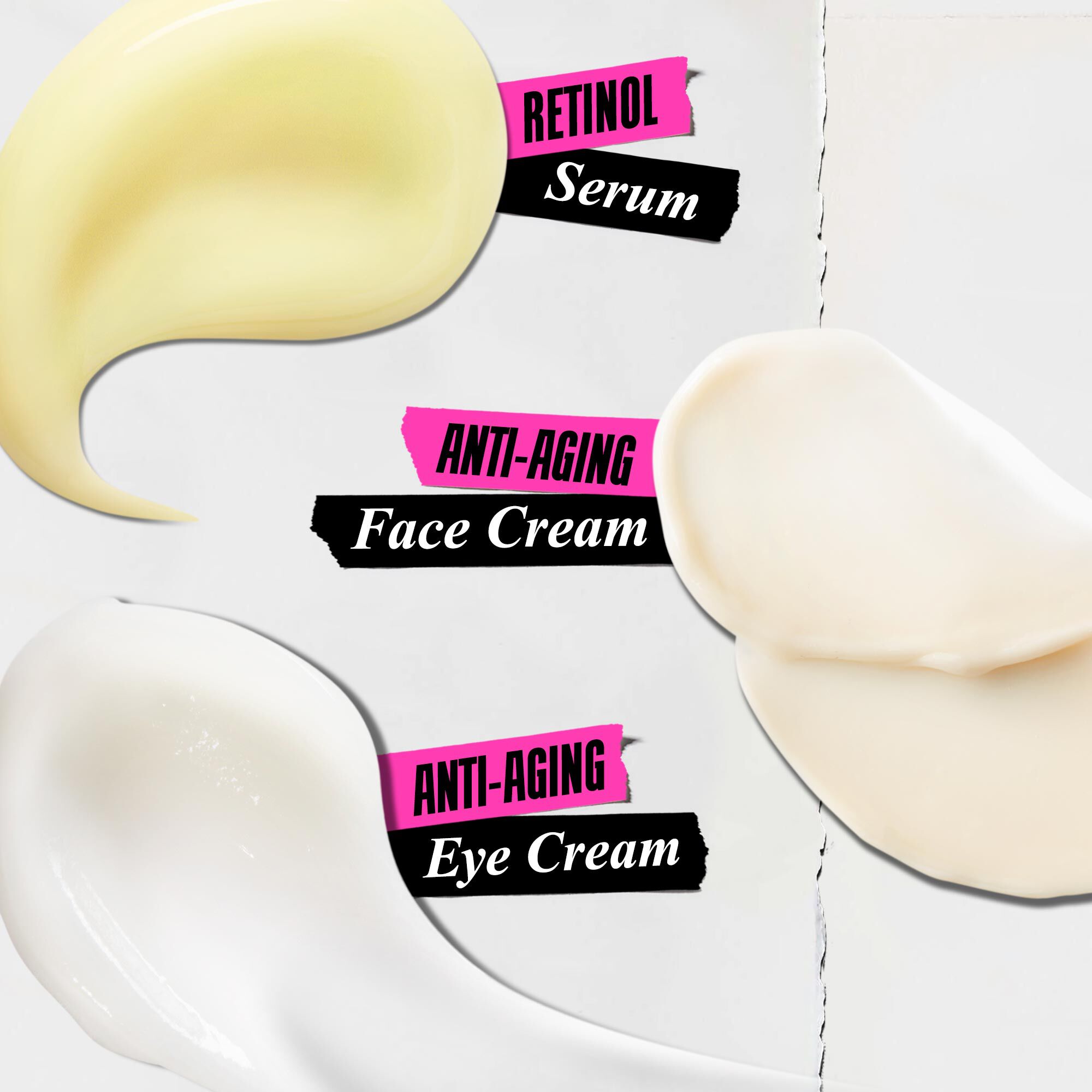 What's Your Age Again? Gift Set textures: Retinol Serum, Anti-Aging Cream, Anti-Aging Eye Cream 