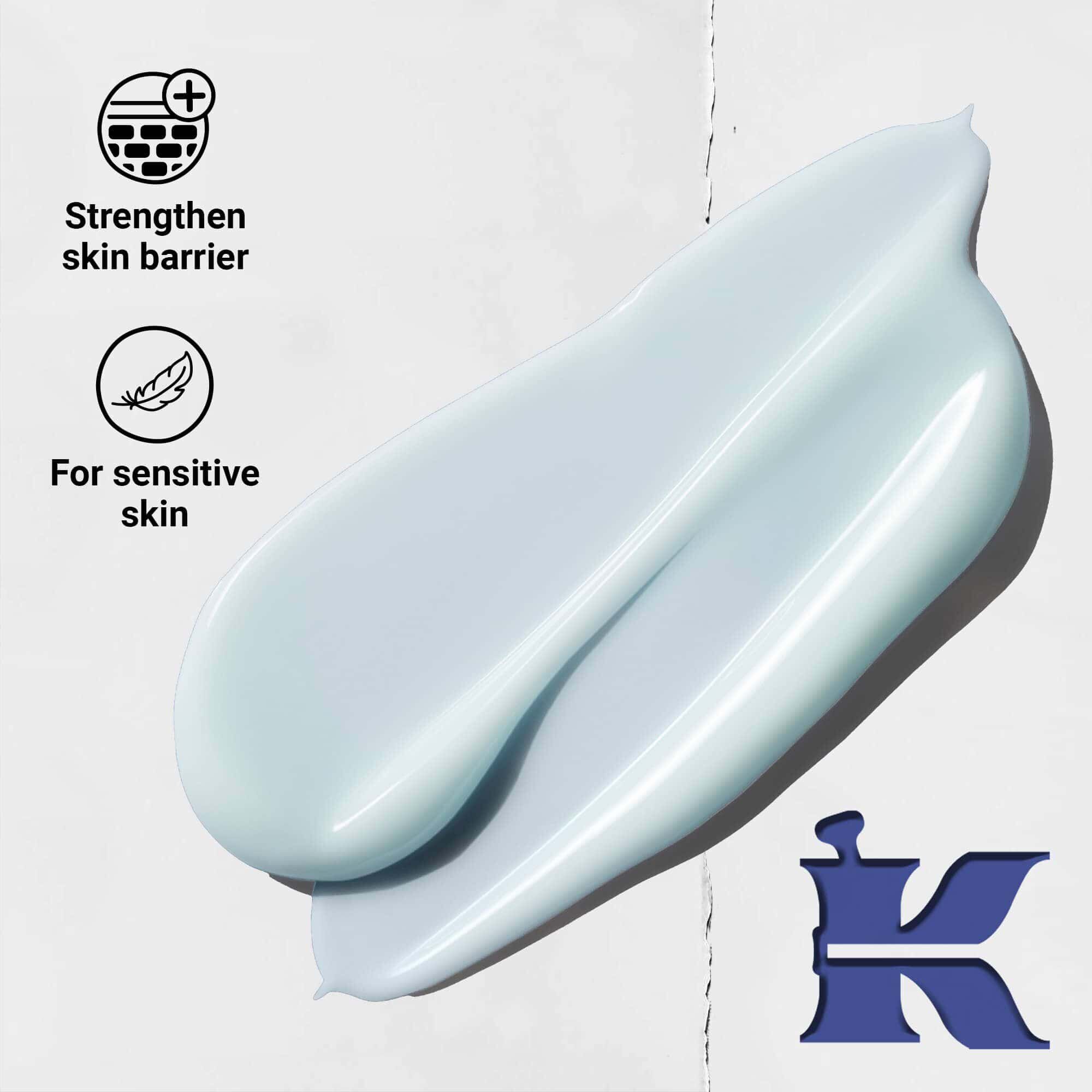 Foto de la textura de Facial Fuel con iconos que indican que refuerza la barrera cutanea y es para pieles sensibles