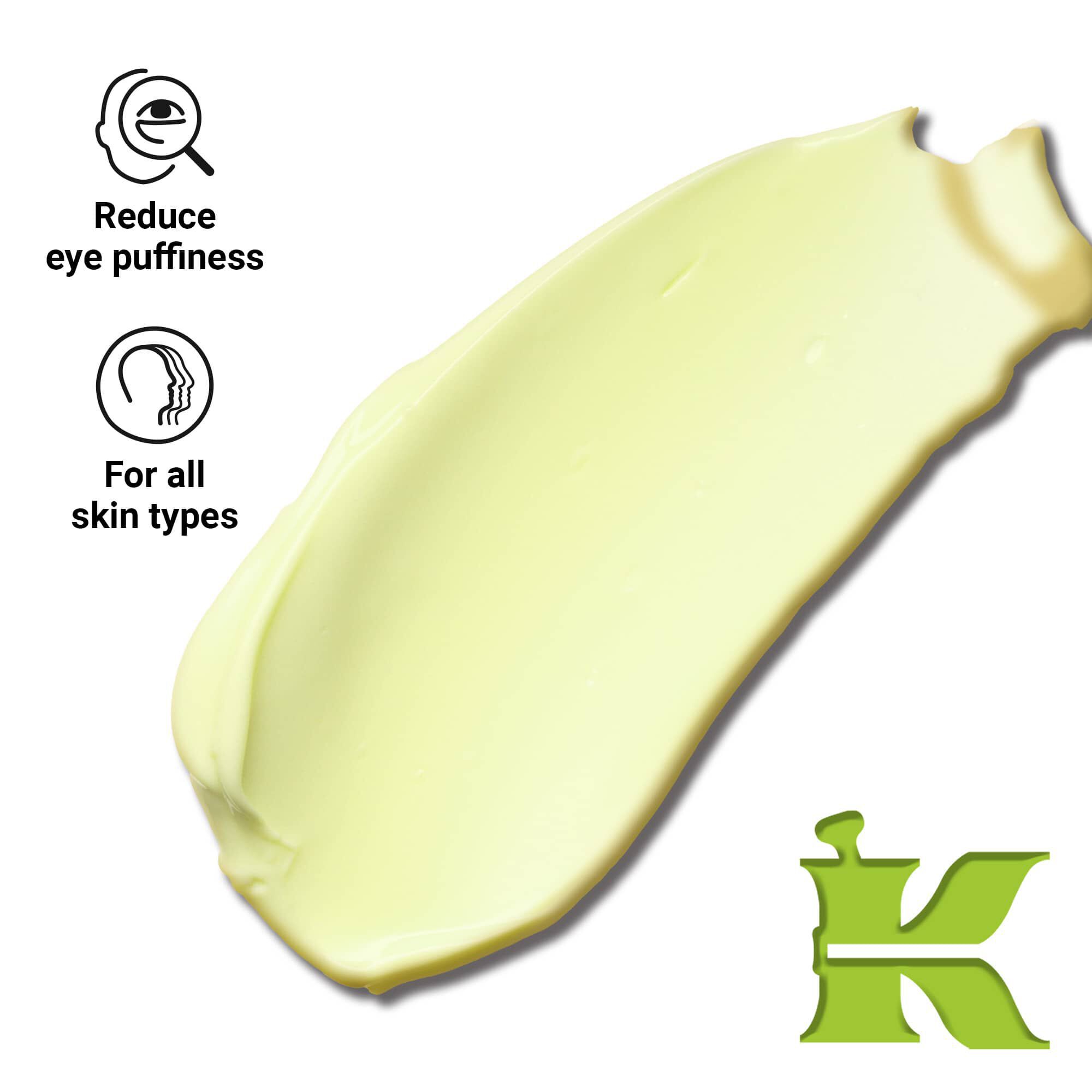 Foto de la textura del producto con iconos: puede reducir la hinchazon de los ojos y es apto para todo tipo de pieles