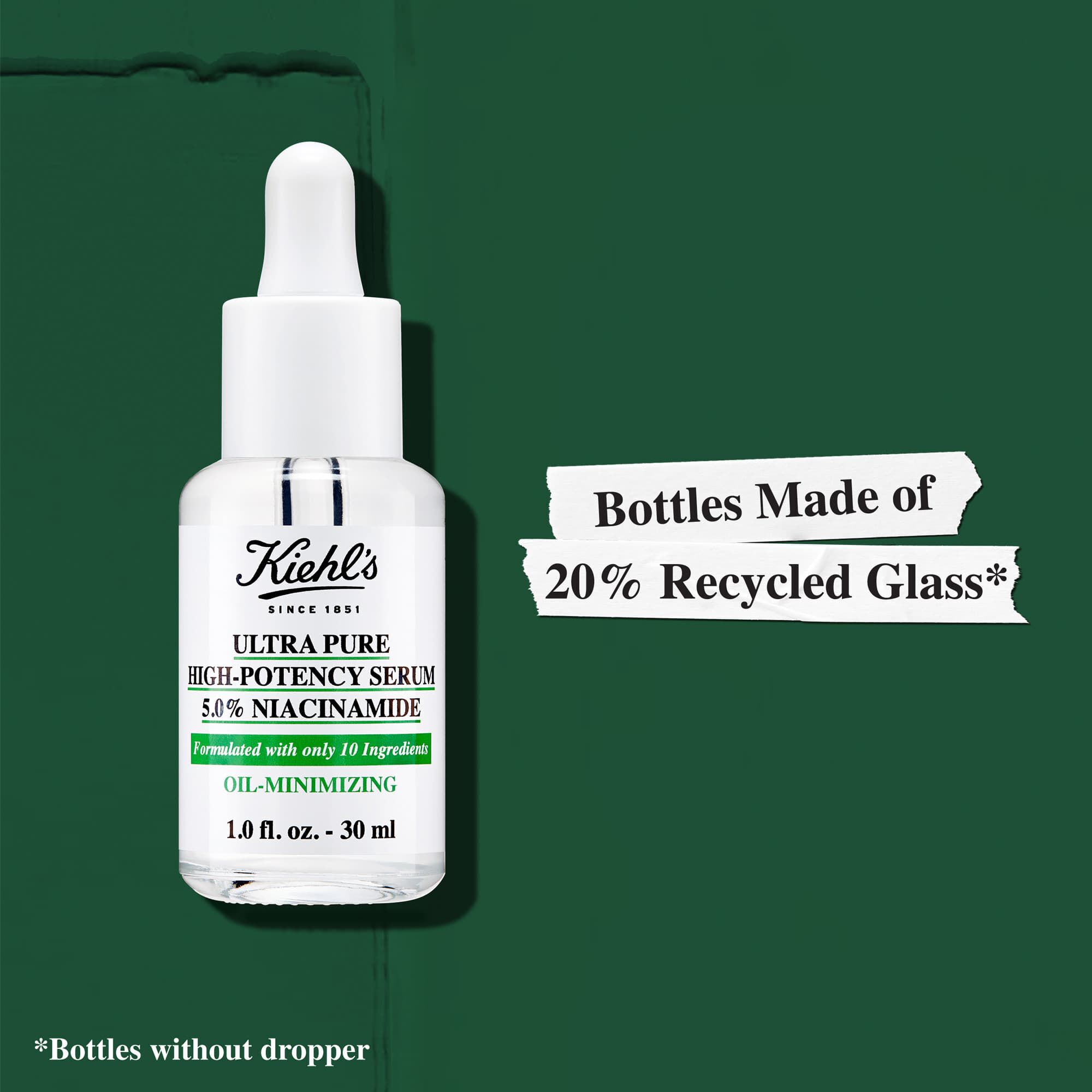 Los frascos de Kiehl's Ultra Pure High-Potency Serum estan fabricados con un 20 % de vidrio reciclado