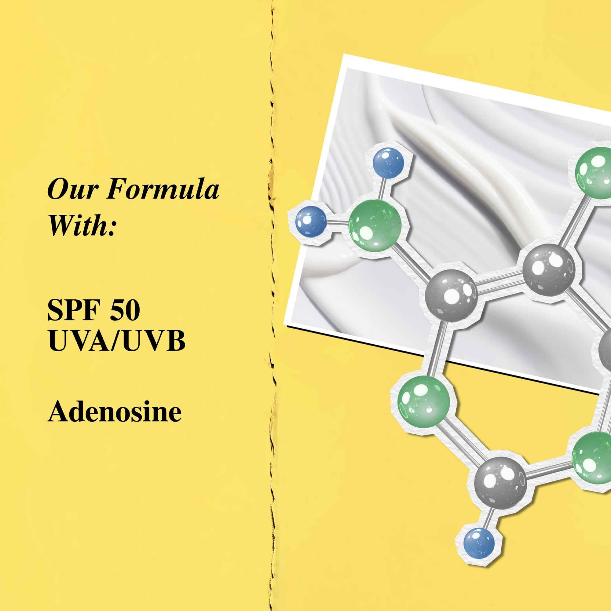 Grafico de ingredientes clave: SPF 50 y adenosina.