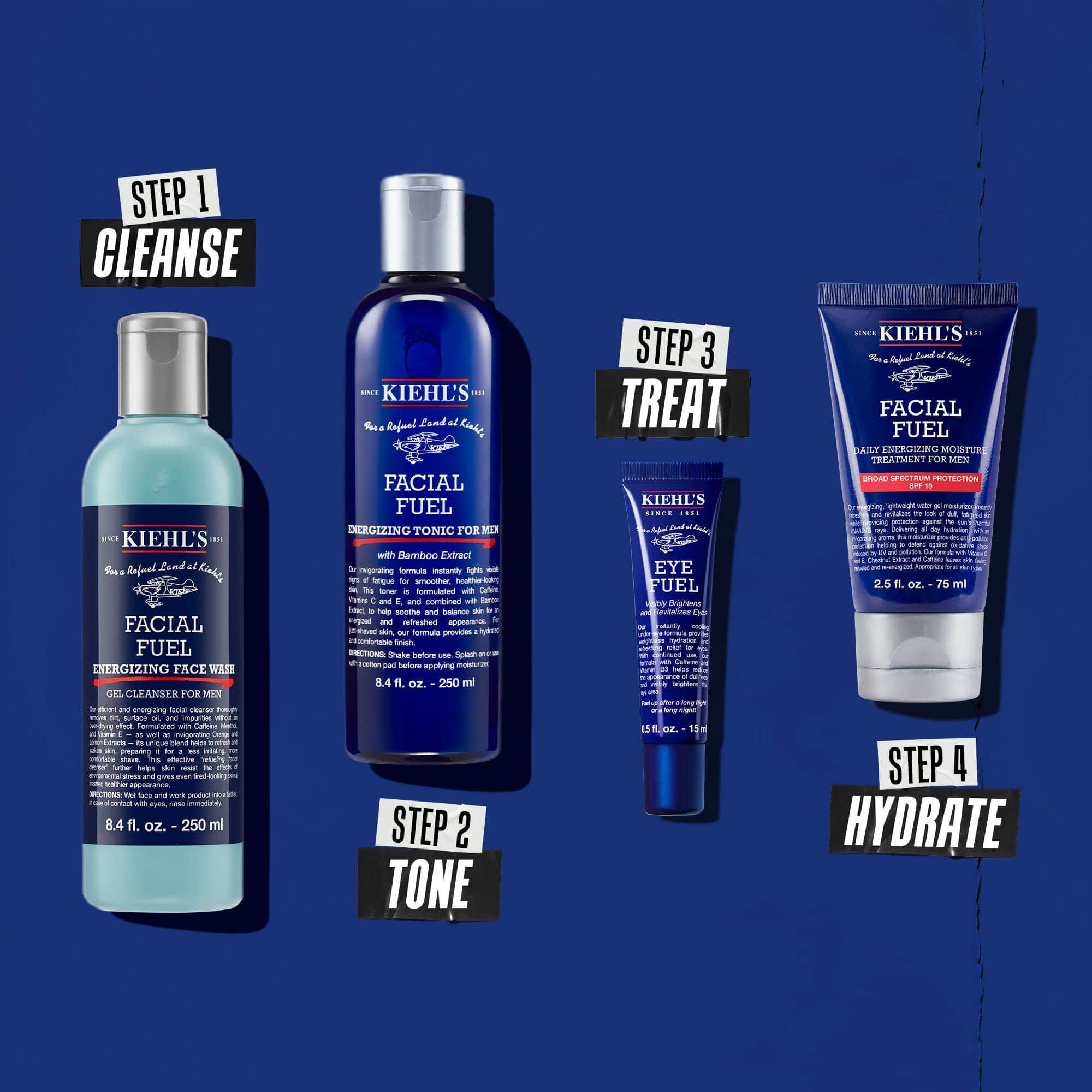 Rutina de cuatro pasos: Paso 1: limpiador facial. Paso 2: tonico facial. Paso 3: contorno de ojos. Paso 4: hidratante Facial Fuel.