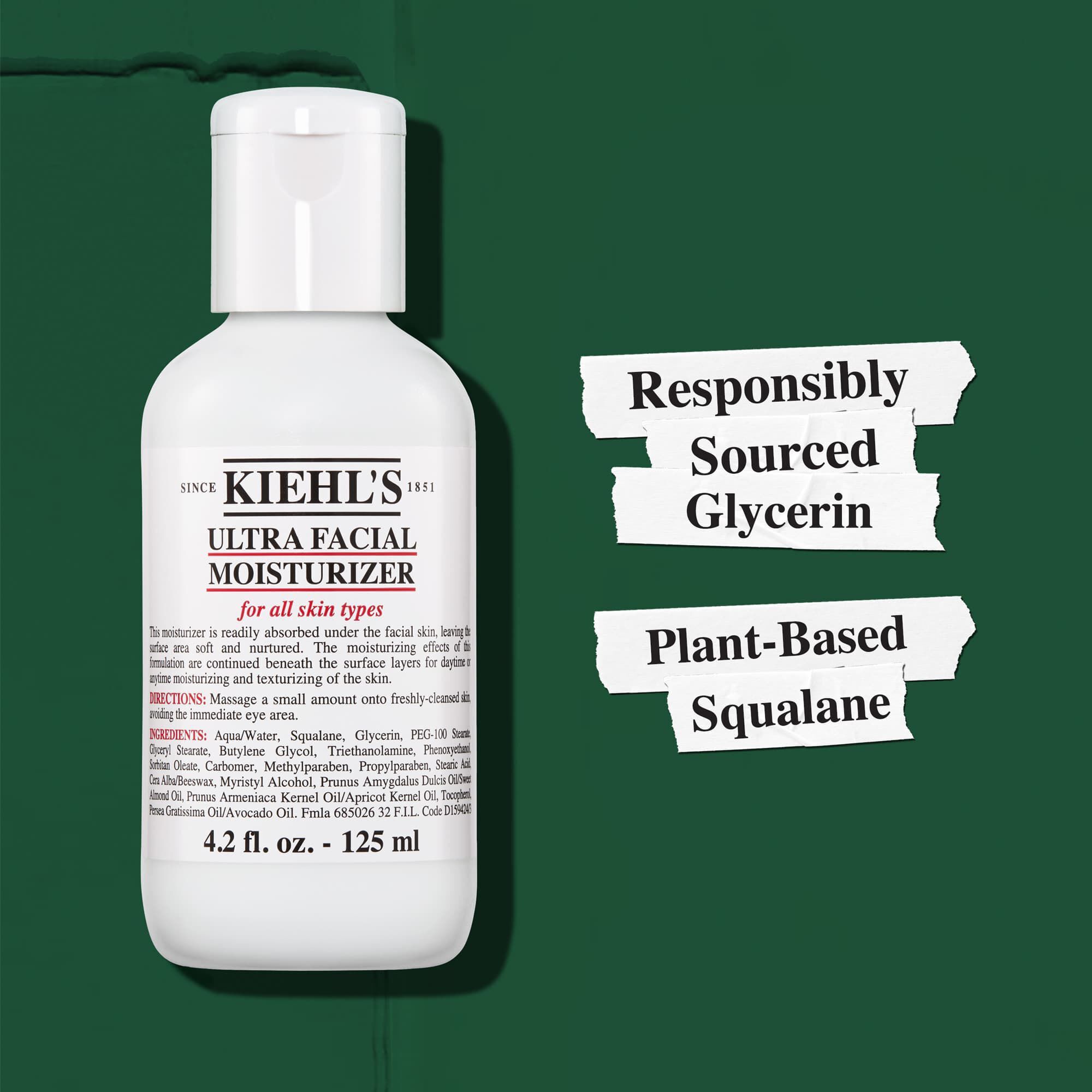 Kiehl's Ultra Facial Moisturizer contiene glicerina de origen responsable y escualano de origen vegetal