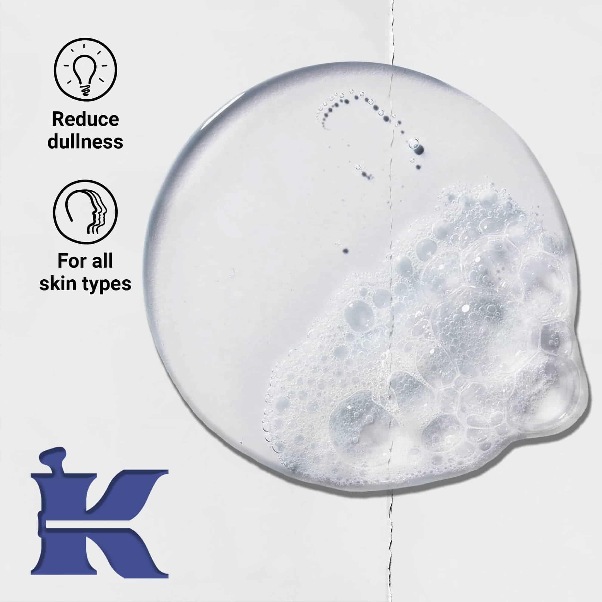 Foto de la textura de Facial Fuel con iconos que indican que reduce la opacidad y es para todo tipo de pieles