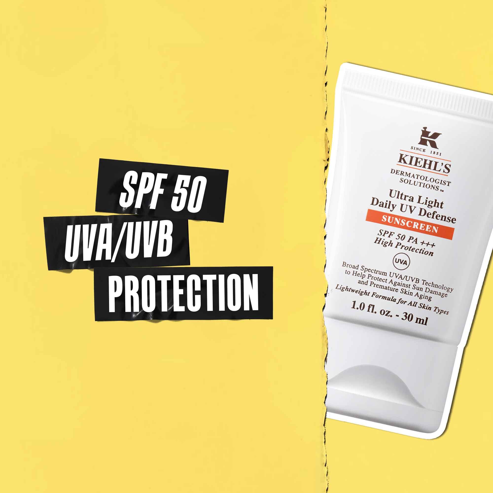 Destacado de proteccion SPF 50 UVA/UVB en cinta negra con una imagen del tubo de Ultra-Light Daily UV Defense al lado.