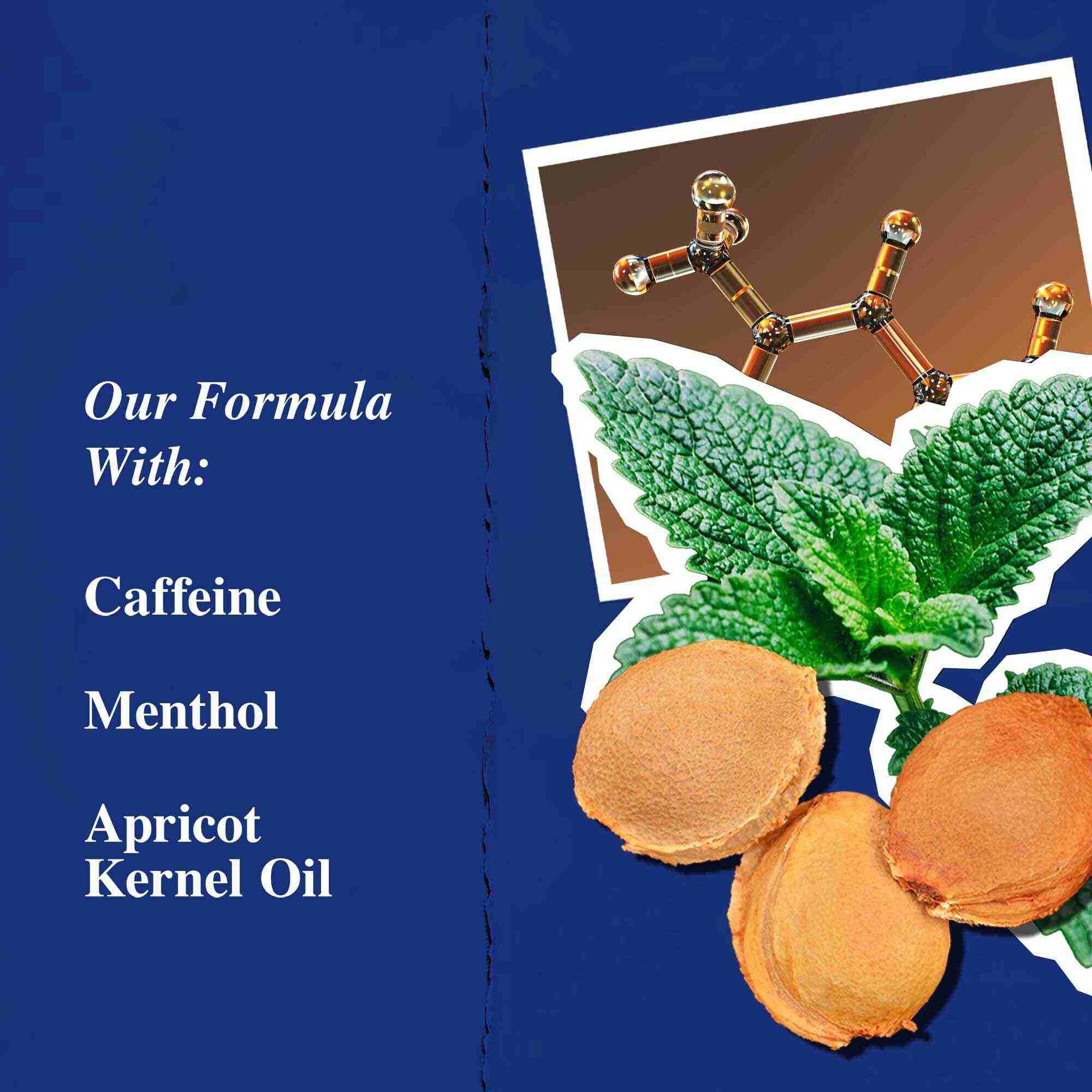 Grafico de ingredientes clave: cafeina, mentol y aceite de semilla de albaricoque.