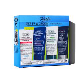 Kiehl's "Get Up & Groom!" men's skincare gift set, featuring four different grooming products in a blue promotional box.