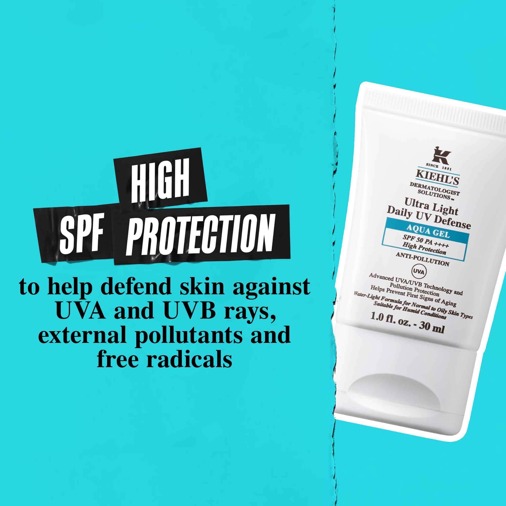 Un tubo de Ultra Light Daily UV Defense Aqua Gel sobre fondo azul con el texto: "Alta proteccion SPF para ayudar a defender la piel contra los rayos UVA y UVB, contaminantes externos y radicales libres."