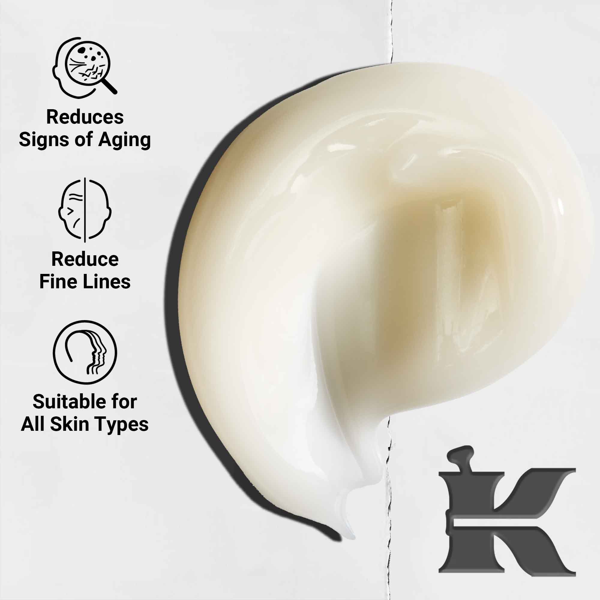 Primer plano de la textura de Age Defender Power Serum; destaca su formula ligera, reduce los signos de la edad y las lineas de expresion, apto para todo tipo de pieles.