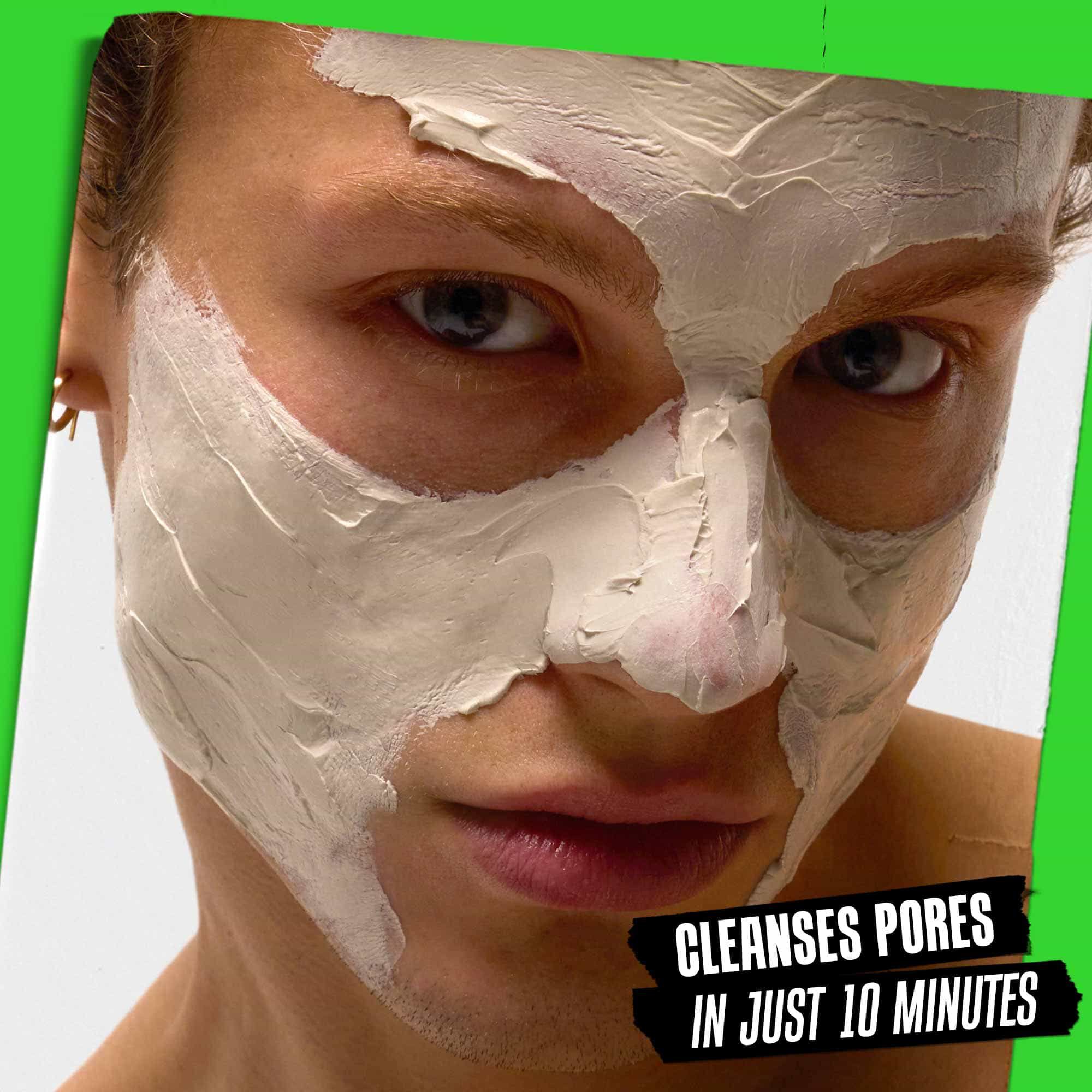 Model with Rare Earth Deep Pore Cleansing Mask applied to face: Cleanses Pores in Just 10 Minutes 