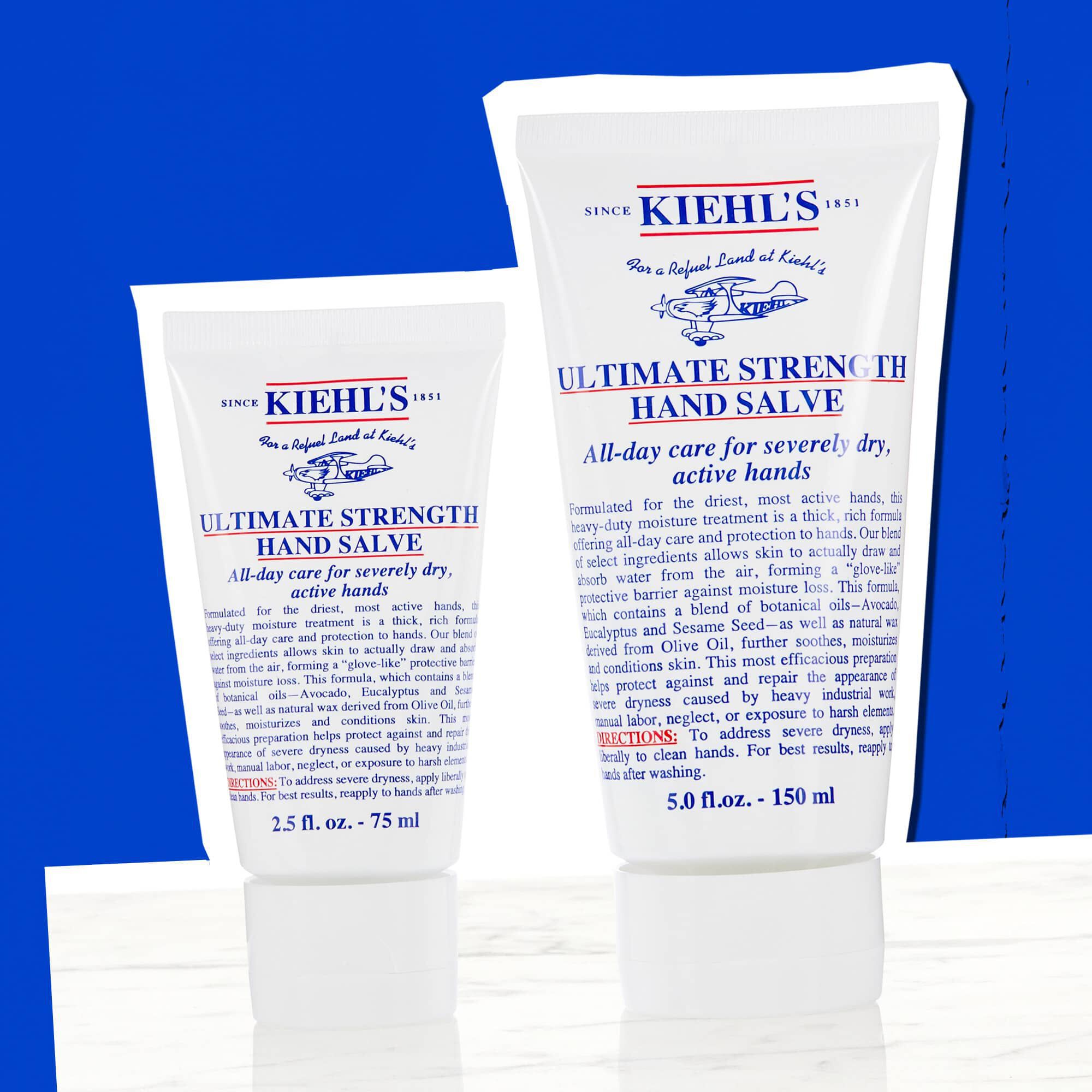 Dos tubos de Kiehl's Ultimate Strength Hand Salve que muestran los tamanos disponibles
